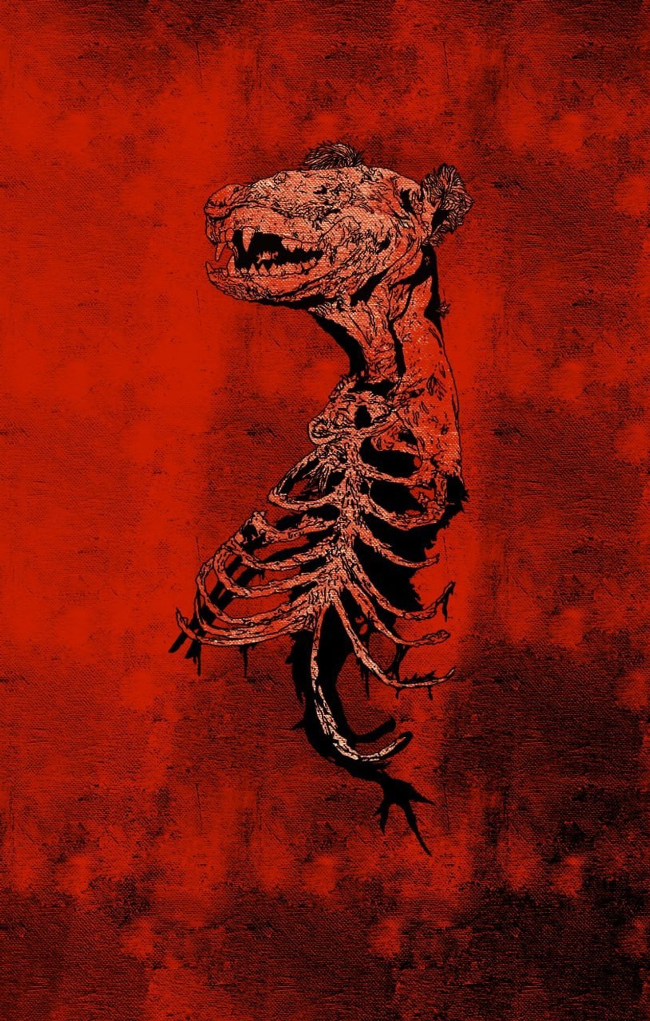 decaying dog floating in blood red background