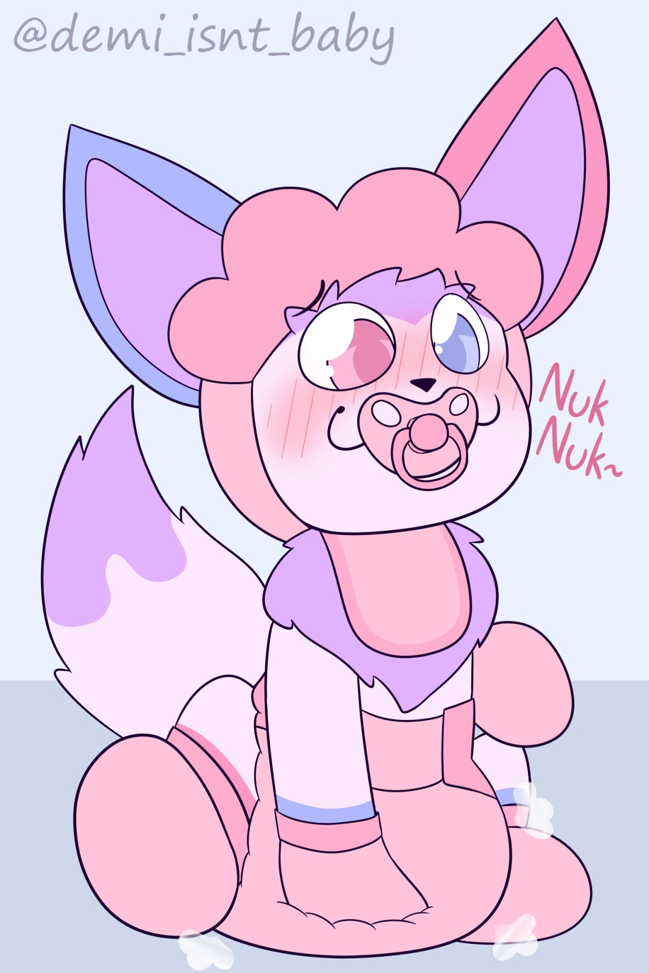 fullbody coloured drawing of an embarrassed eevee in an overly babyish attire