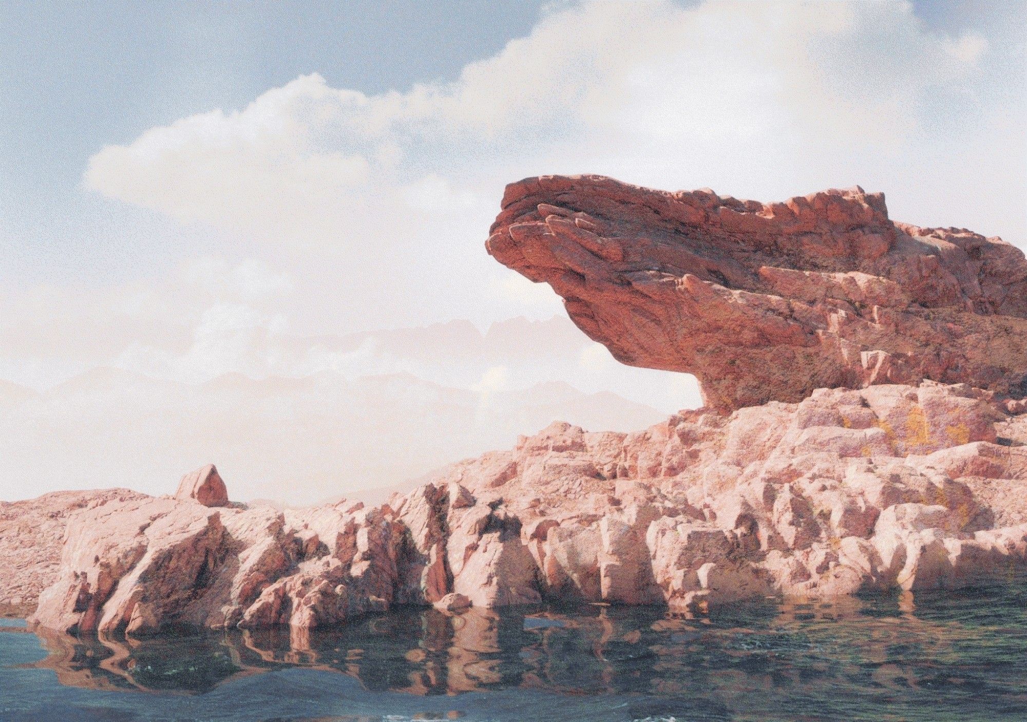 A photorealistic render of a rocky sandstone beach, illuminated by the warm sun. A cliff sits to the right, looming over the beach. In the distance, the faint silhouette of mountains hides behind the clouds. Quiet water ripples as the wind blows. Its cold, and stands in contrast to the scorching sandstone beach.