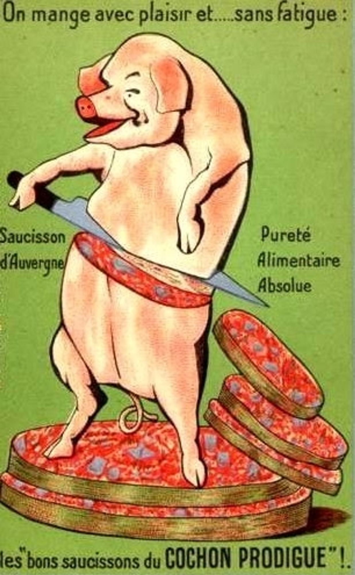 A French advertisement for sausages depicting a pig slicing itself.