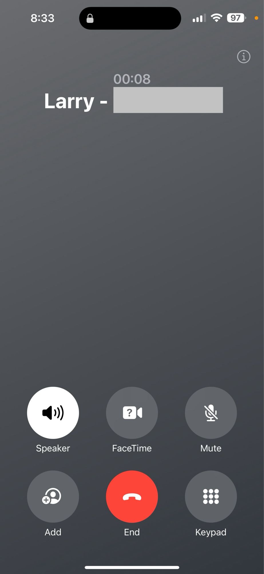 A screenshot of a phone call screen on iOS 17 beta.