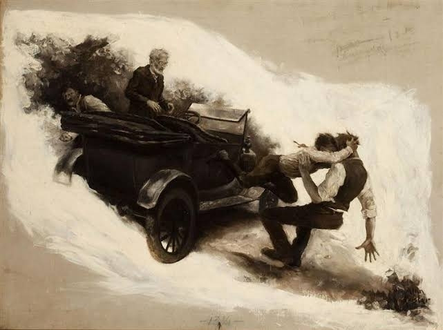 A study in oil (shades of black and white) on canvas. An old-timey car appears to crash, ejecting a young man from its front. He grabs onto another young man, his fingers entwined in the other's hair. An elderly man is in the driver's seat.