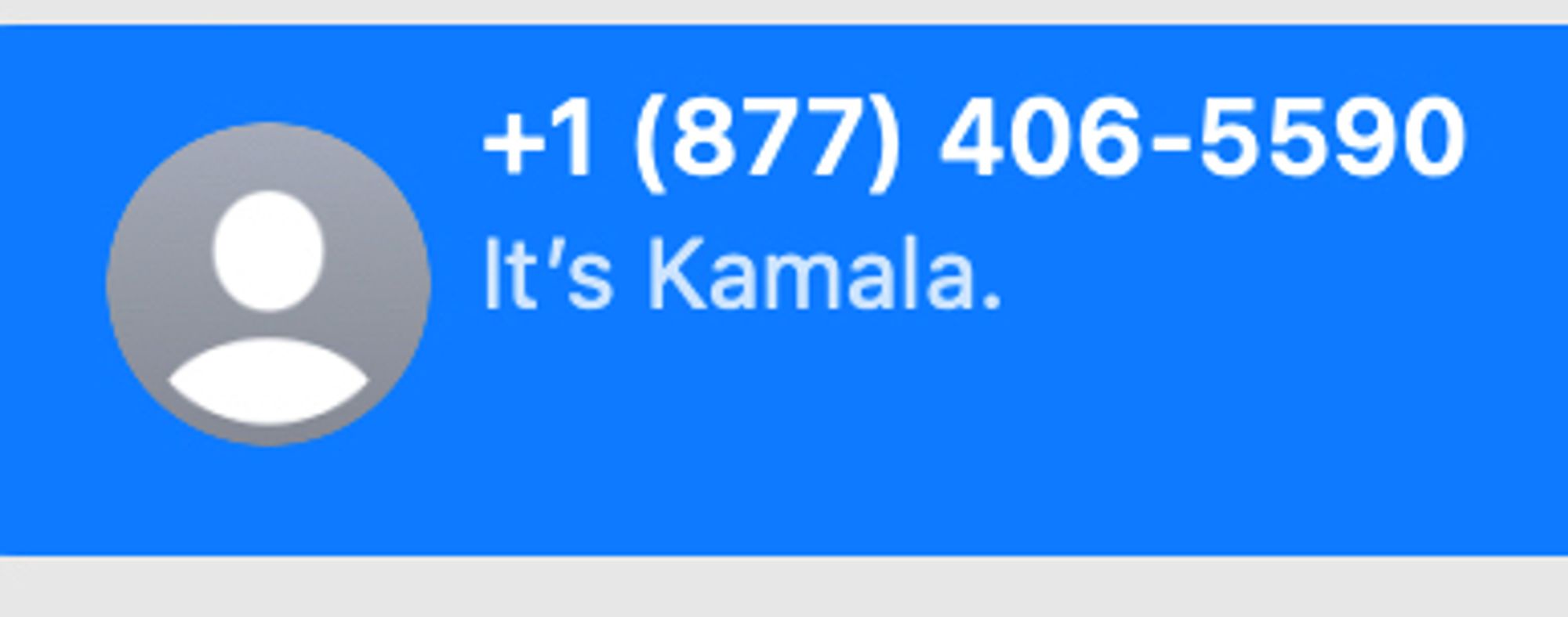 Screenshot of an automated text reading "It's Kamala."