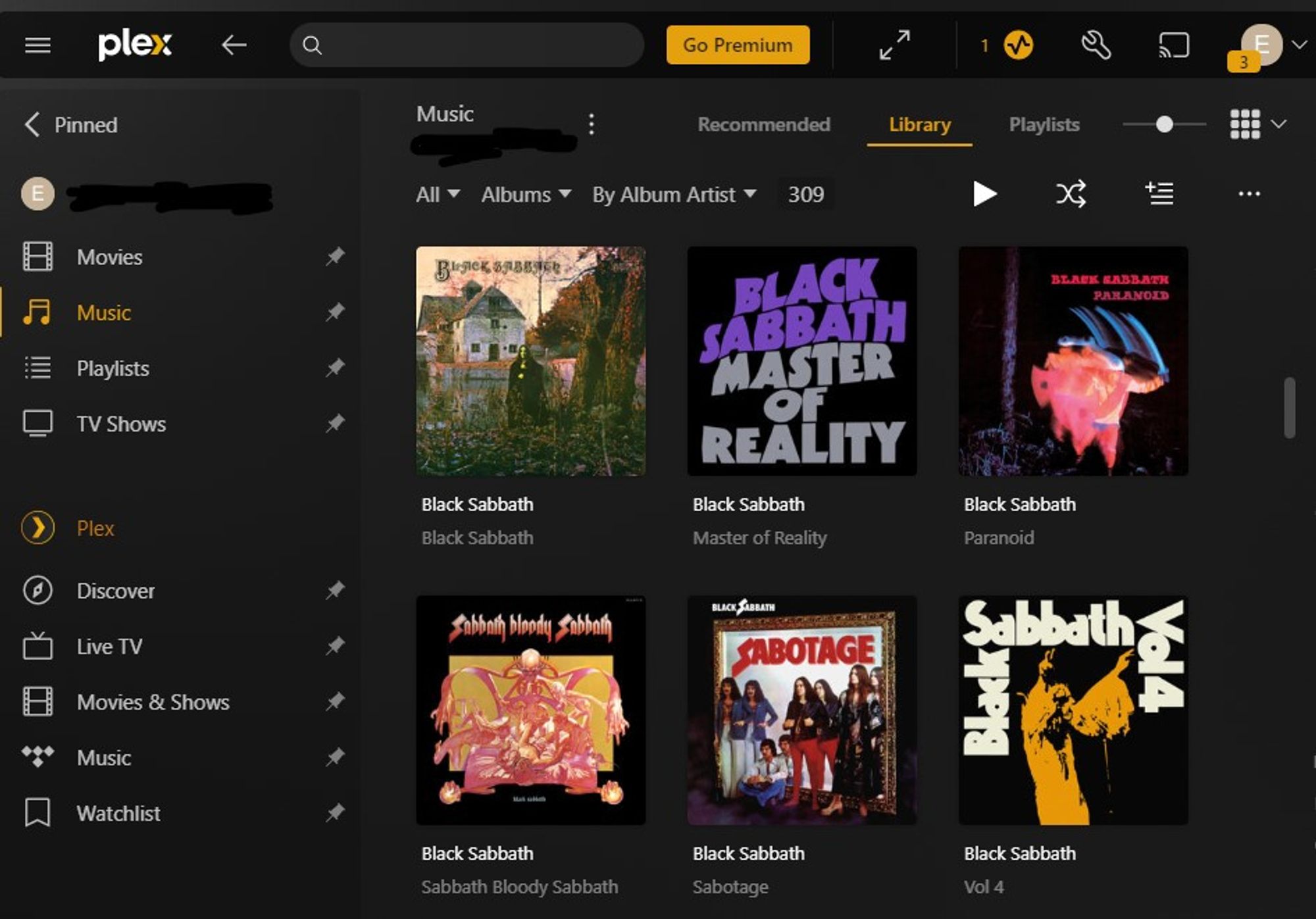 Screenshot of an open window of the Plex app, open to the music section, in which album covers for the first six Black Sabbath albums are visible.