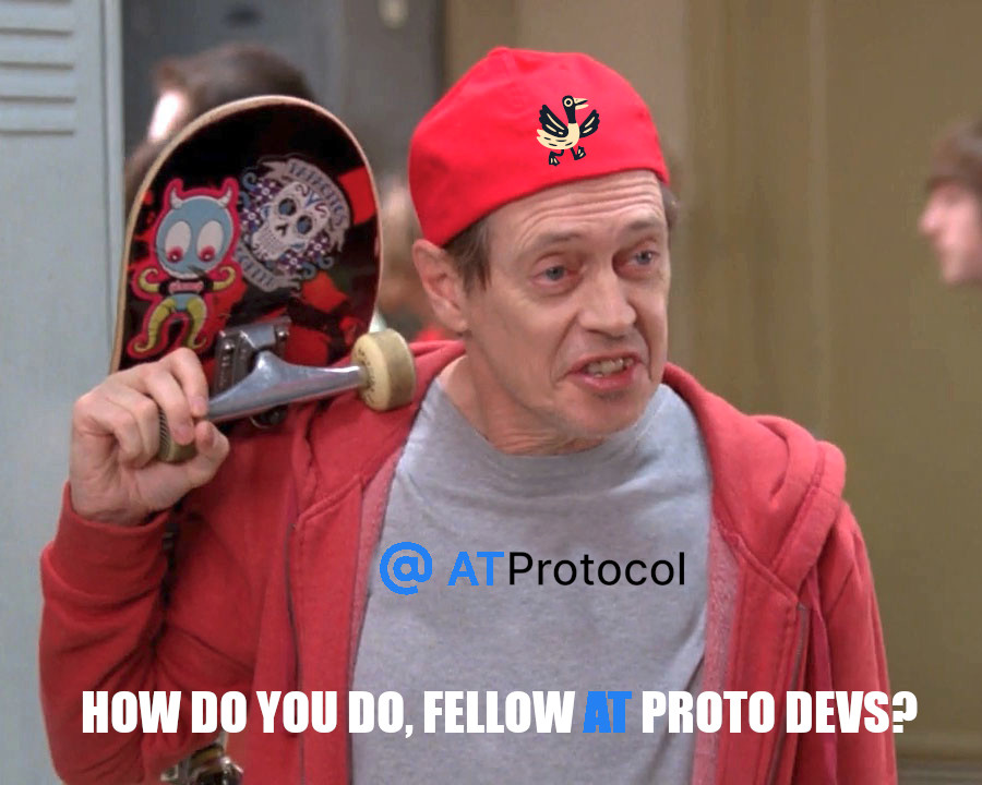 The "How do you do fellow kids meme" But says How do you do fellow at proto devs with at blue. On steve buscemi's shirt there is the  @ atprotocol logo and on his hat is the little goose(?) from the atmosphere conf