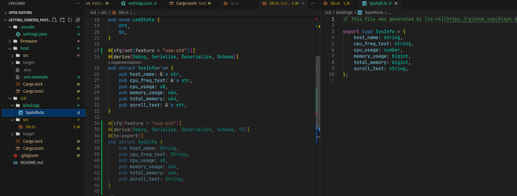 Picture of a VS code ide with a split window showing rust types on the left with cfg flags to tell the difference between use_std and not so they can use different types for each Then on the right is a typescript type generated from ts_rs of the struct when use_std is used