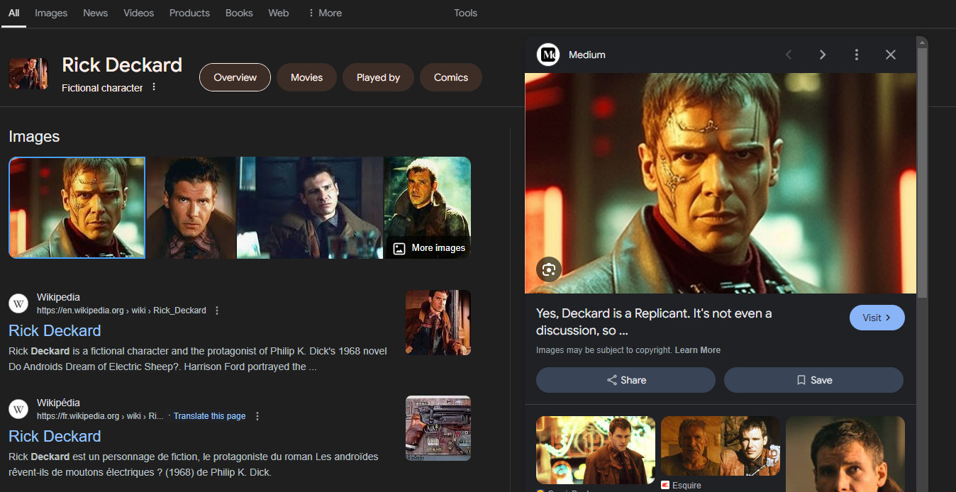 Screenshot de la page Google, la première image suggérée ne provient pas des films mais est un visuel vide de toute âme généré par Intelligence Artificielle. L'analogie avec l'histoire même du personnage est d'une certaine ironie.