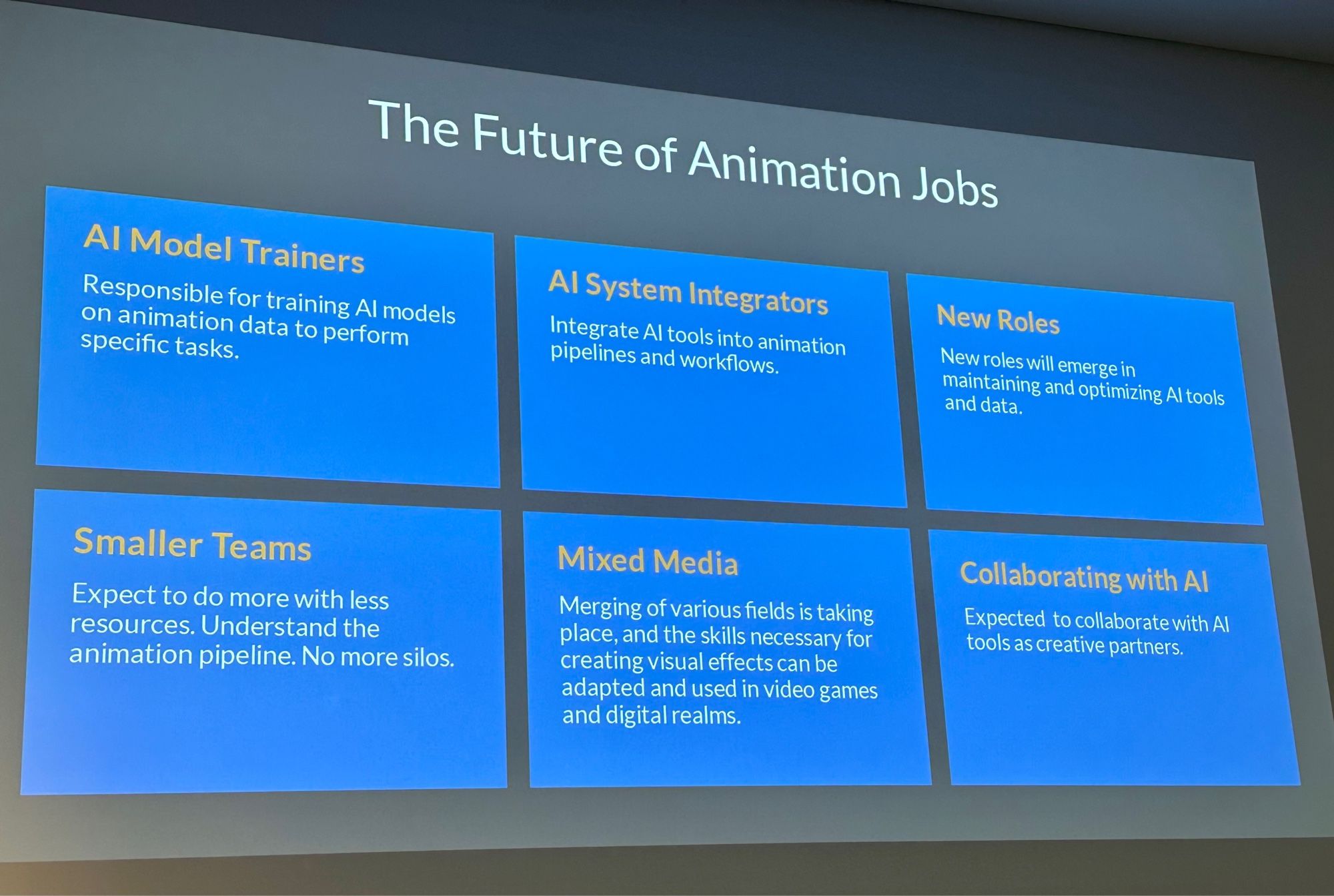 Slide predicting the future of animation jobs in the era of artificial intelligence