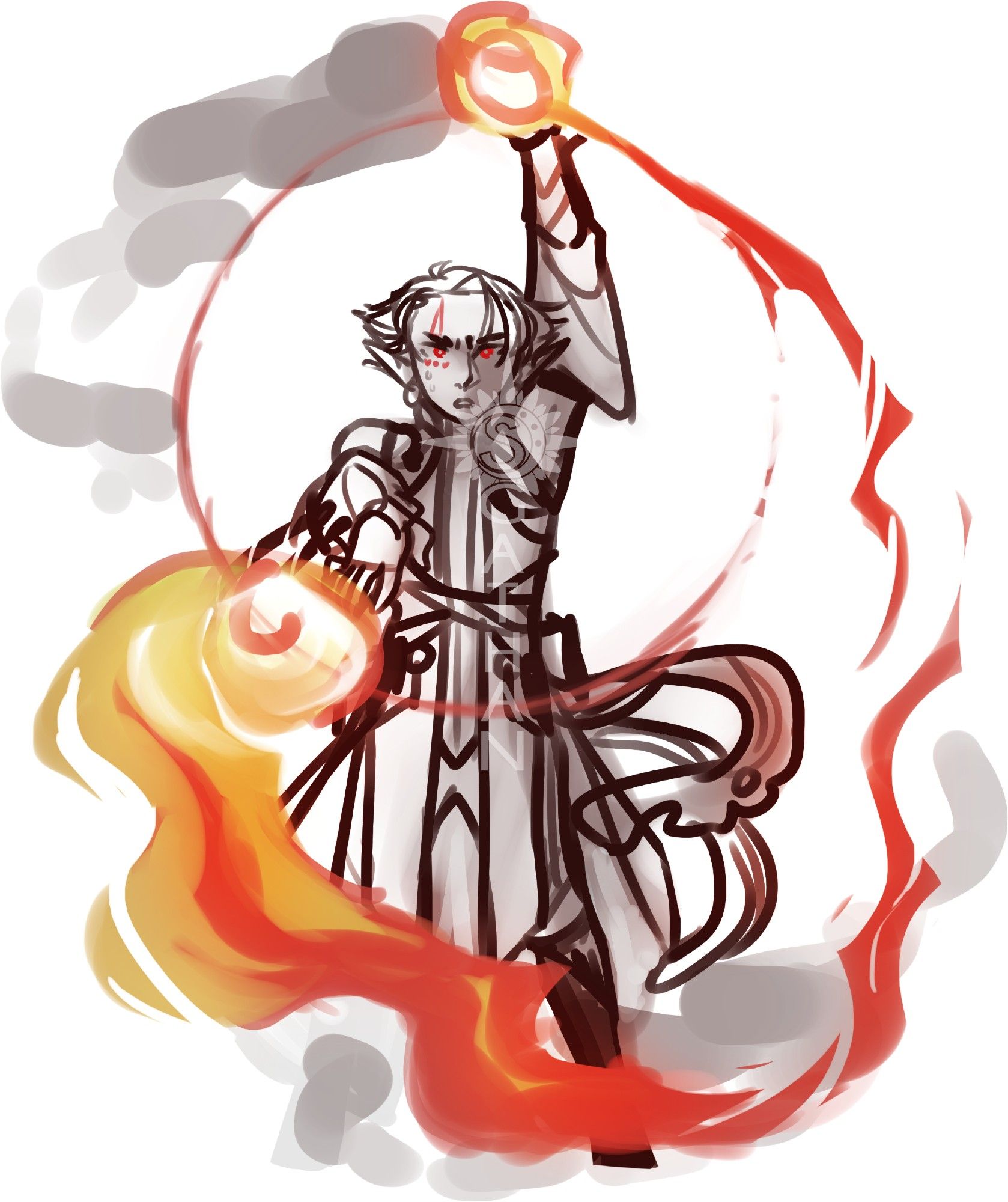 A black and white sketch of an elf casting fireball. He is moving his hands in a large circle with a trail of fire and smoke following each.