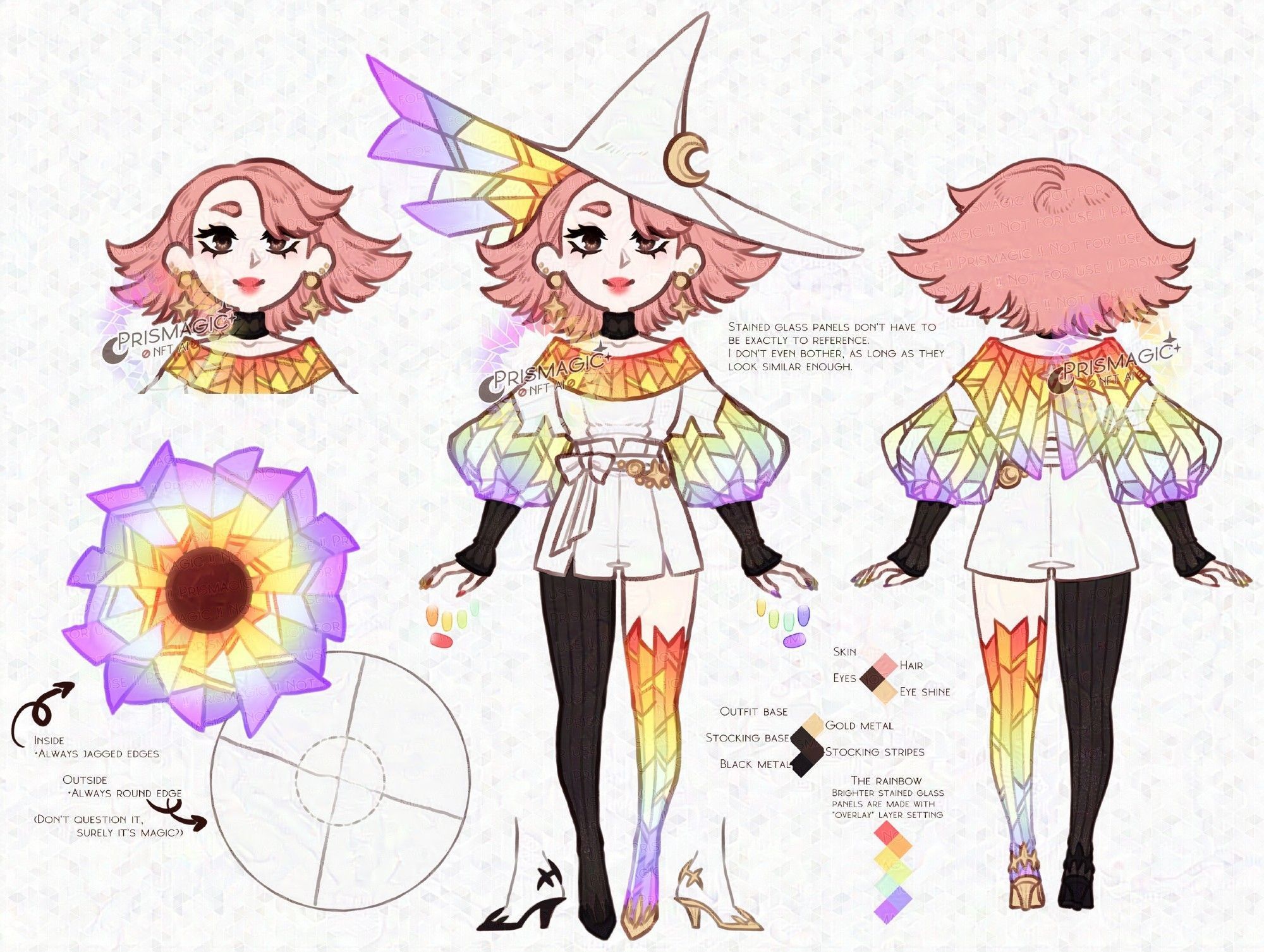 A reference sheet of a witch character with pale skin, short pink hair, and brown eyes. She wears a white outfit with rainbow stained glass style designs on it. On one leg she wears a black stocking. 

A text box reads "Stained glass panels don't have to be exatly to reference. I don't even bother, as long as they look similar enough."
Another points to a diagram of her hat and says "Inside, always jagged edges. Outside, always round edge. (Don't question it, surely it's magic?)"