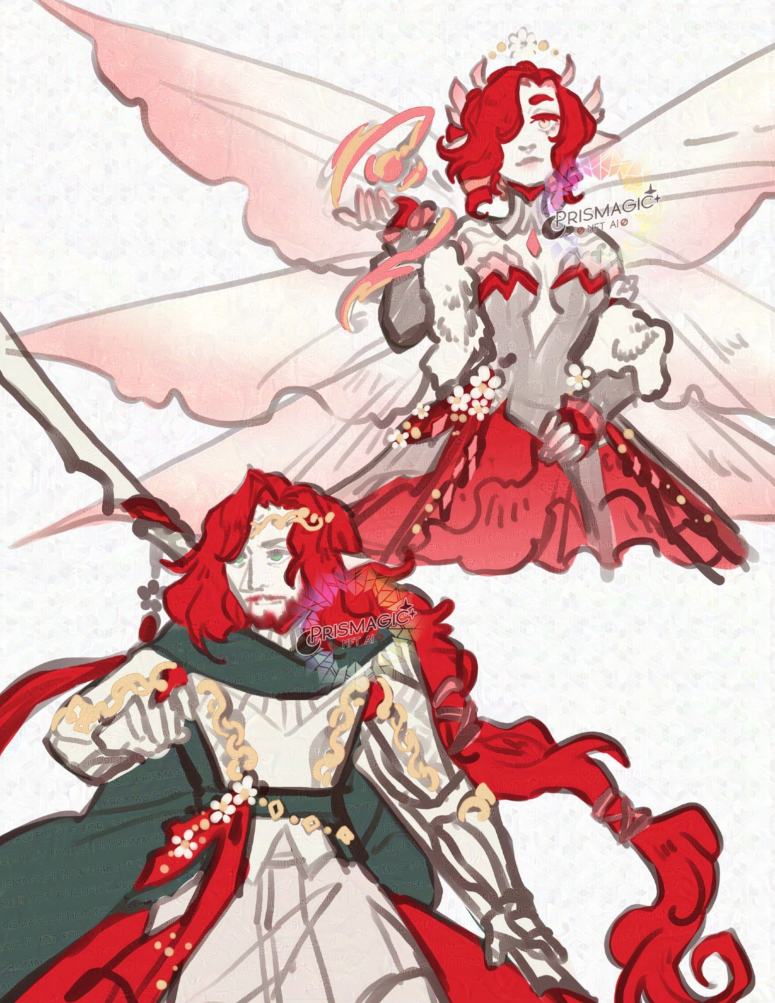 A sketch page featuring two different Fairies. At the top of the lady of spring, she has pale skin, short red ringlett hair, and wears an ornate dress made out of flower petals. She has three sets of wings. At the bottom is a male fairy with pale skin, and long red hair tied back with different ribbons. He wears silver armor, and carries a twinblade polearm.