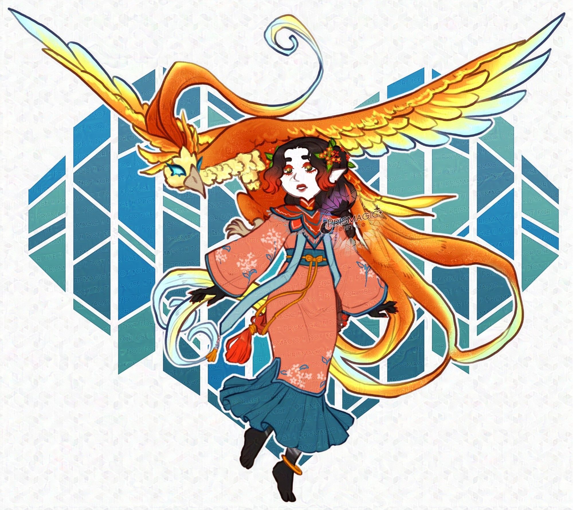 chibi drawing of a fire genasi with long black hair that fades to red at the tips. She wears Chinese fashion and has a giant phoenix behind her. The background is a teal stained glass heart.