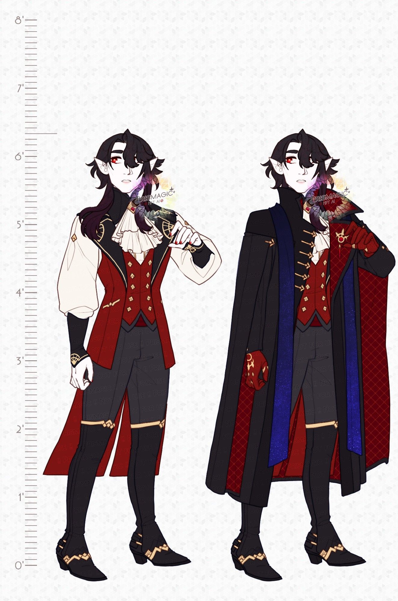 A reference sheet of a fire genasi. He has black glittery hair swept over one shoulder, white granite skin, and red eyes. He wears a dressy shirt, a vest vest, and boots with spats over them. On the right he wears a pair of casting gloves, a heavy jacket, and a blue scarf.