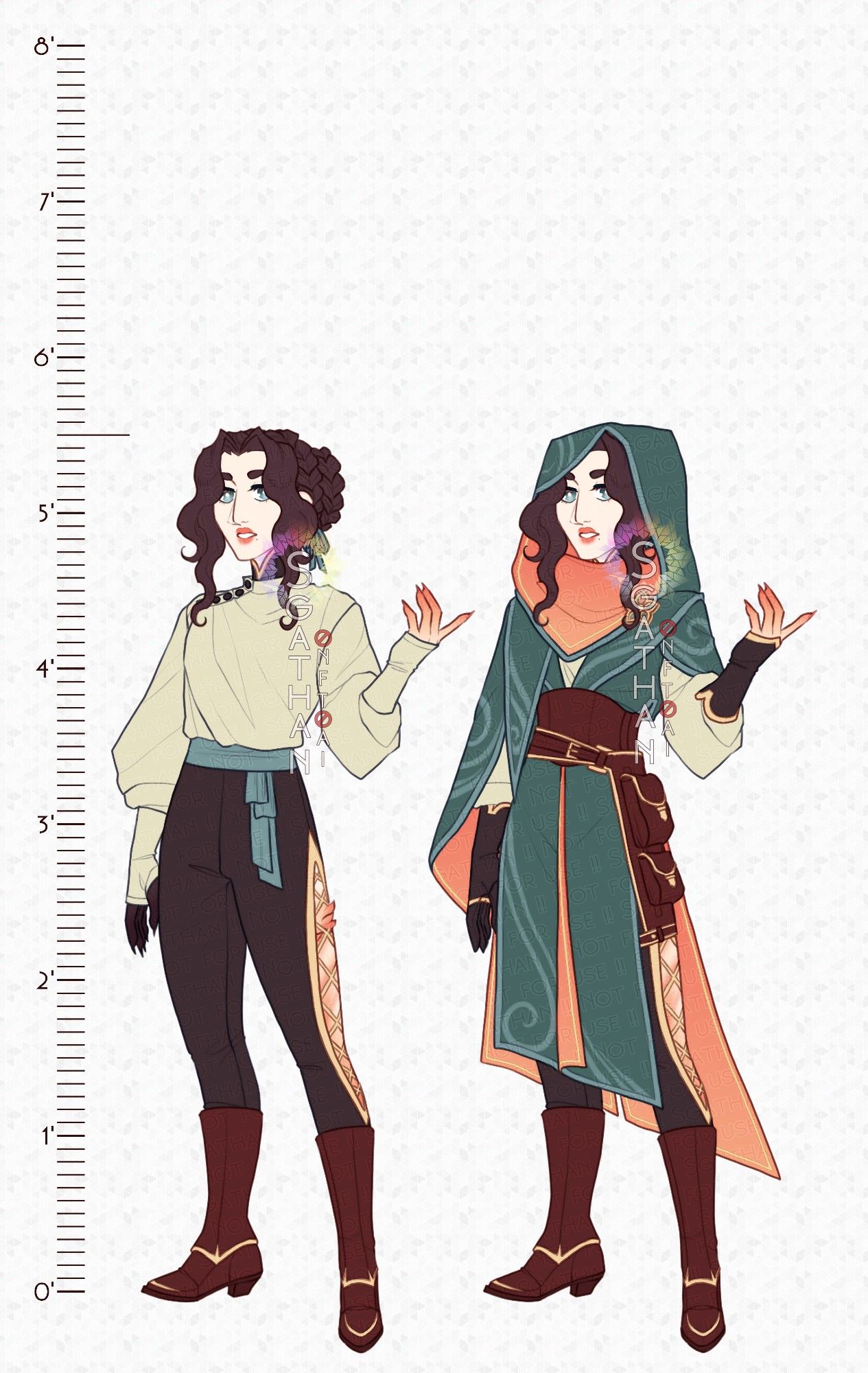 A reference depicting a pale skinned druid with curly brown hair and green eyes. She wears a light green shirt and black pants with netting on the side. On the right she wears a full length green and pink robe.