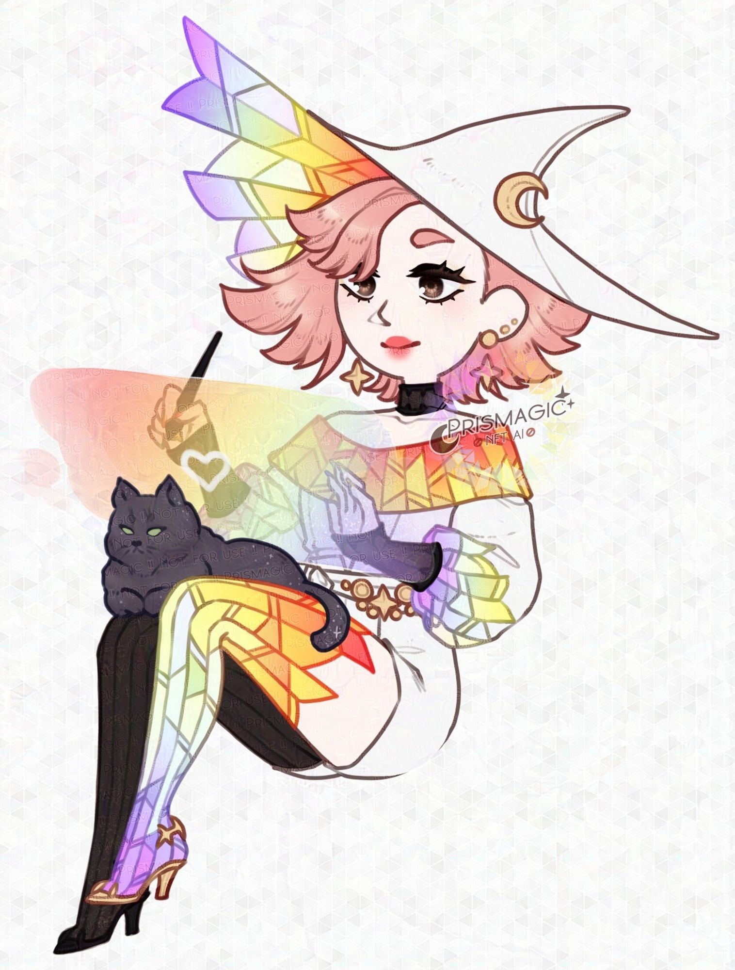 A full body chibi of a PNGtuber model, featuring a pale skinned pink haired witch. She wears a white outfit with stained glass panels in rainbow, with one leg covered in a black stocking. She draws on a little rainbow screen made of magic. On her lap is a little grey cat.