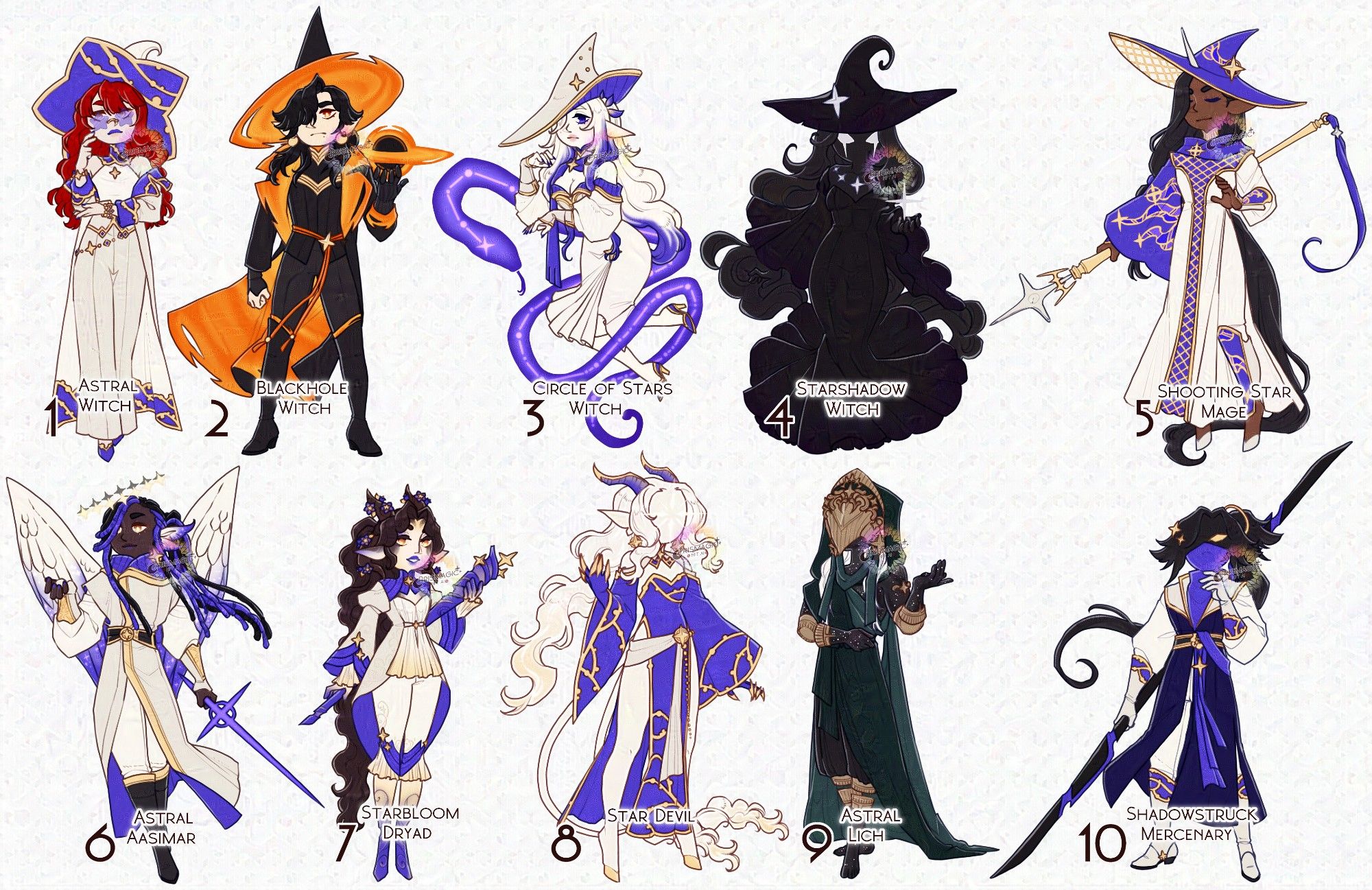 A set of ten witchtober adopts designed after the theme "star". The first five all wear witch hats and are adorned with different star shaped accessories. One of the designs is bright orange and themed around blackholes. The second five adopts are different fantasy creatures in a similar star themed style, including an astral aasimar, a starbloom dryad, a star themed tiefling, a star themed witch, and a shadow person wearing star accessories.