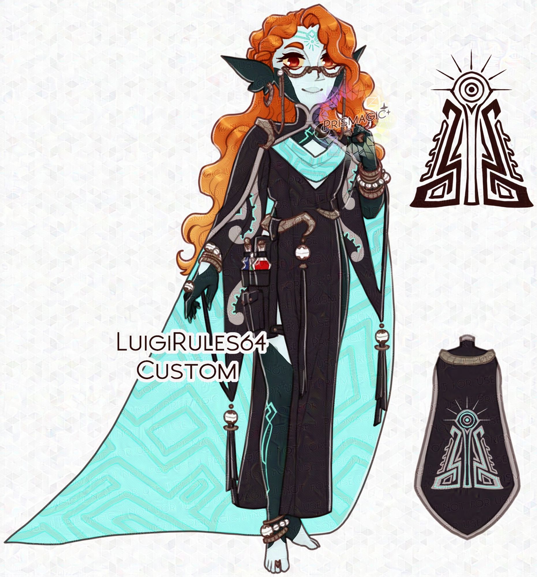 A custom design of a Twili character. They have white and black skin with bright blue tattoos, red eyes, and long orange hair. They wear glasses, and robes that are blue and black. On their leg is a leather pouch containig various potion crafting materials.