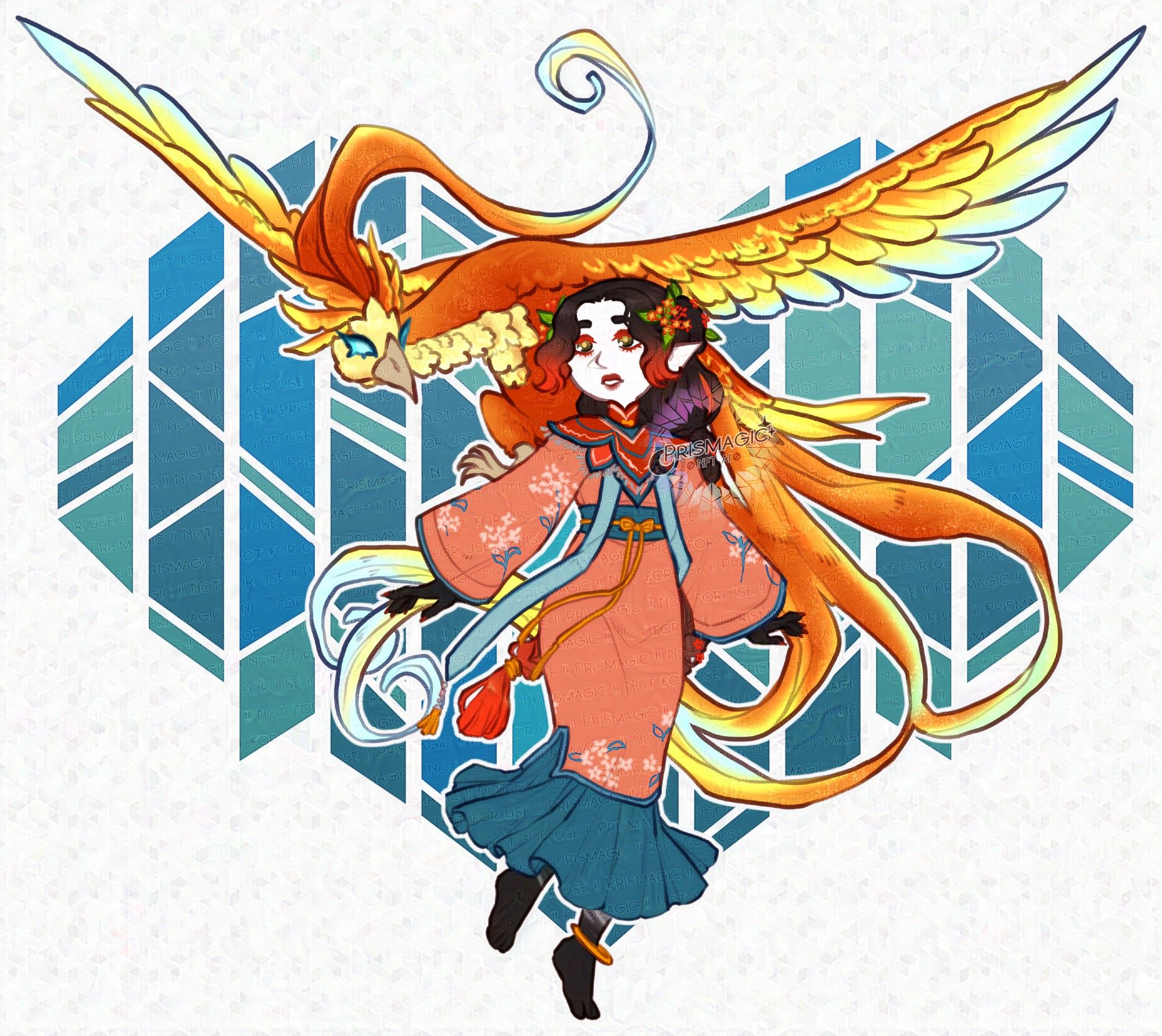 A chibi drawing of a fire genasi with long black hair that fades to red at the tips. She wears Chinese fashion and has a giant phoenix behind her. The background is a teal stained glass heart.