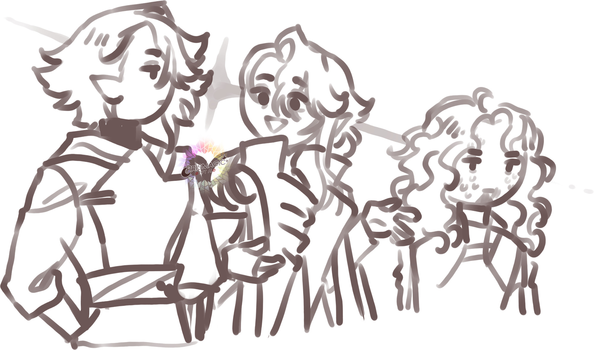 a messy sketch of three men standing next to one another. The man in the middle talks very animatedly while the man on the left stares past him straight at a nervous looking man to the right.