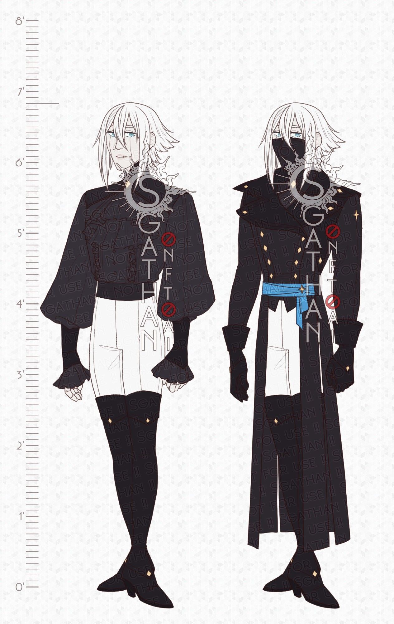 A reference depicting a pale skinned ball joint doll. He has baby blue eyes and white hair, and wears a black dess shirt and tall boots. On the right he wears a face covering mask, and a black jacket with long tailcoats and a blue waist sash.