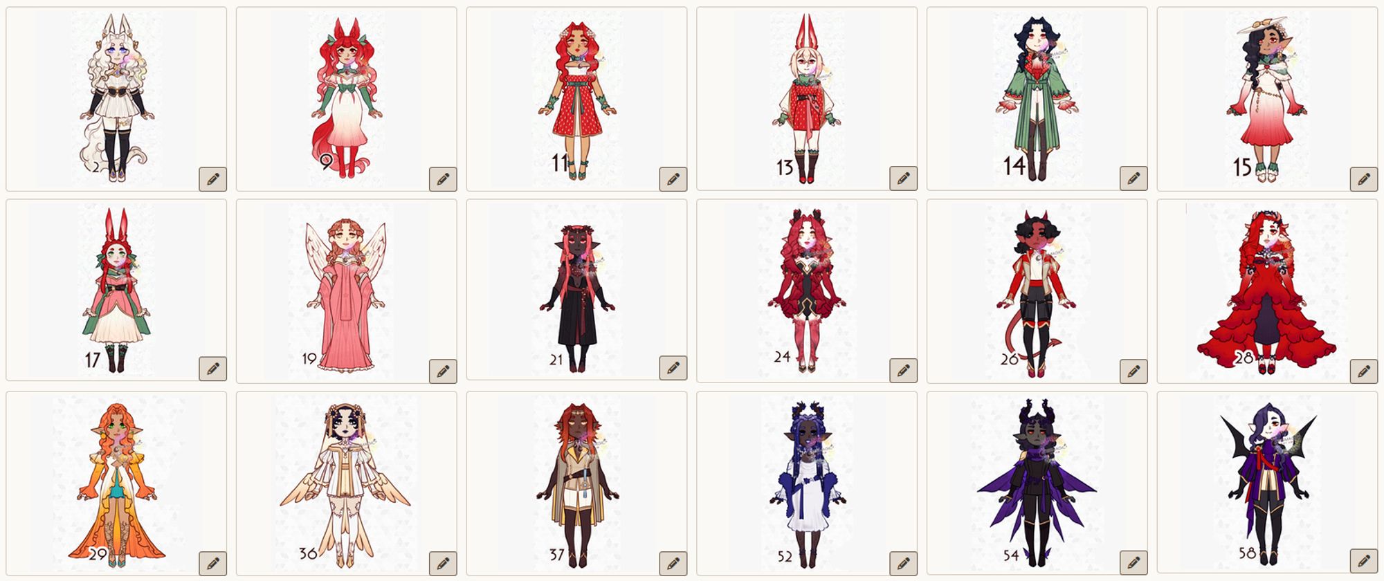 A screenshot of a Toyhouse gallery showing various designs that are in the pulling pool for an adopt gacha.