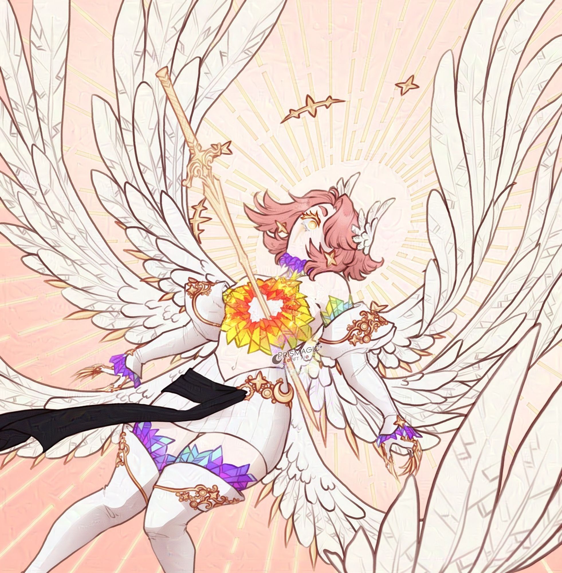 A digital drawing of a character with pale skin and short pink hair. Her eye is gold and stares open wide. She wears white with rainbow accents, and a rainbow stained glass top that has been shattered by a golden sword. She has three sets of wings.