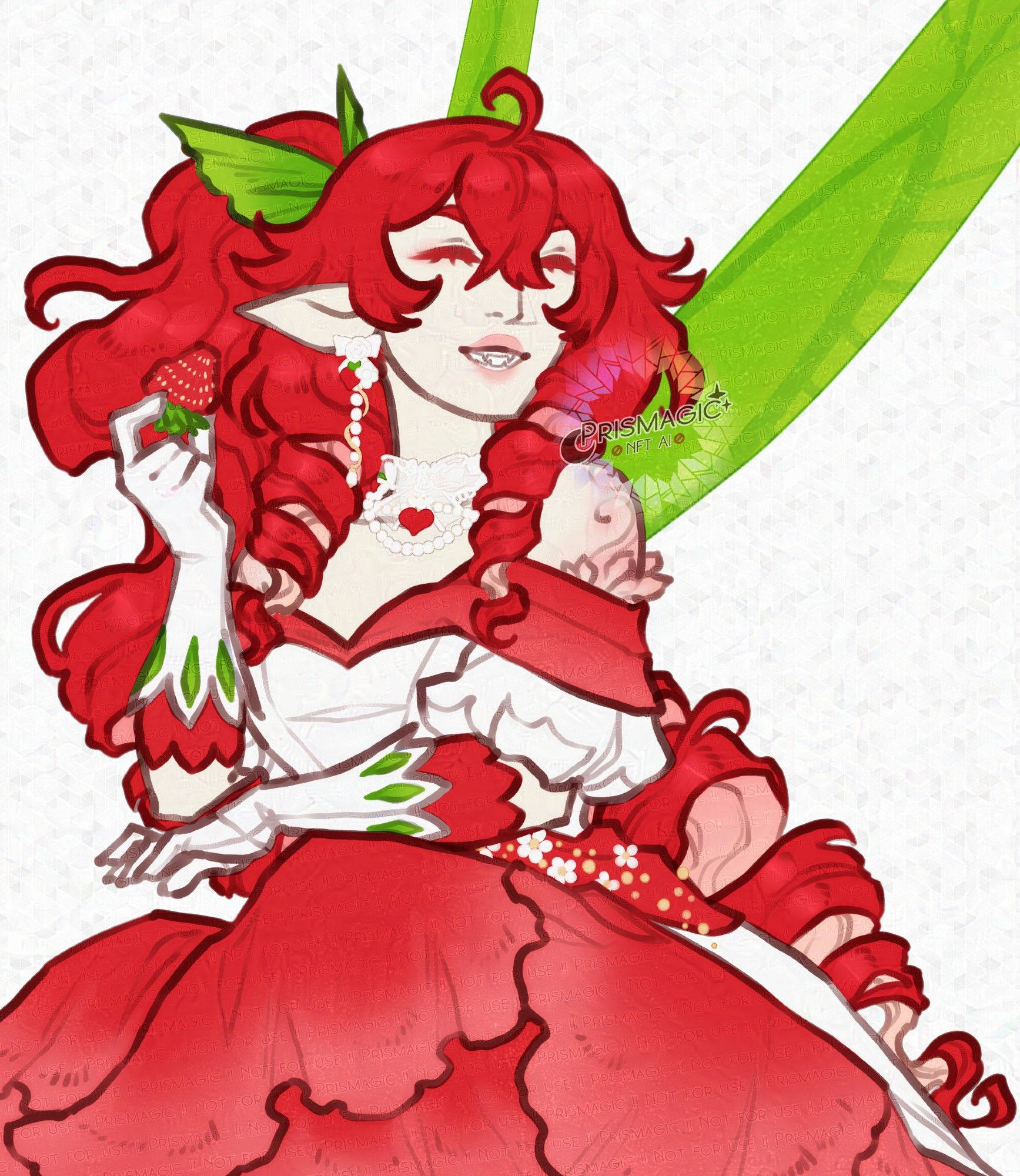 A half body portrait of a fairy with green wings, pale skin, and long red hair styled in big ringletts. She wears a white and red petal dress and holds a strawberry. The jewelry was designed by rosuraie.