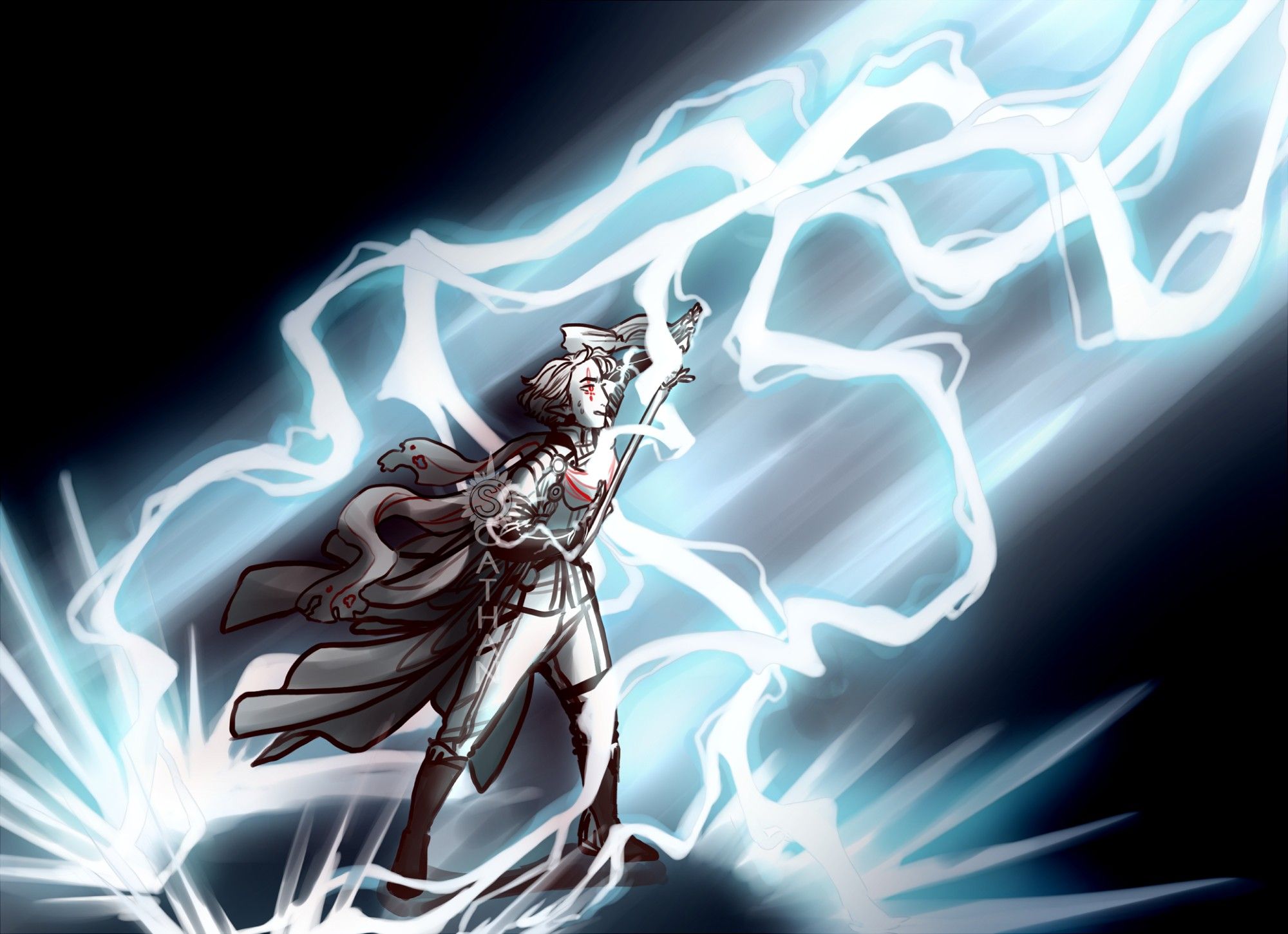 An illustration of an Elven man standing with a sword braced between his hands. The room is dark aside of brilliant lightning showering him and the area around him, but he seems unharmed.