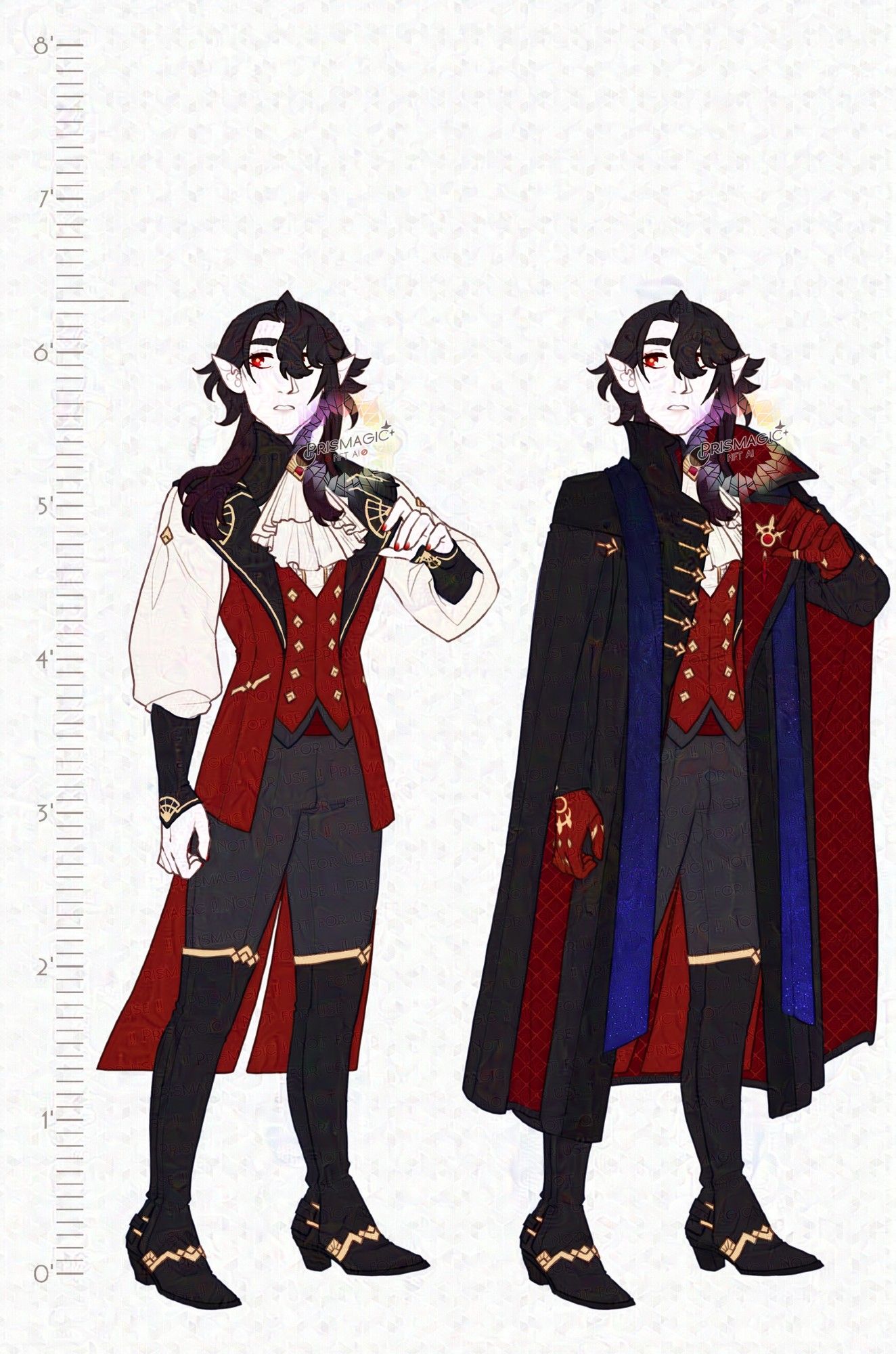 A reference of an OC. He stand at 6ft 4in. He has pale granite-like skin and black hair that's pulled over one shoulder. His outfit is black and red with gold art deco designs embroidered on it.