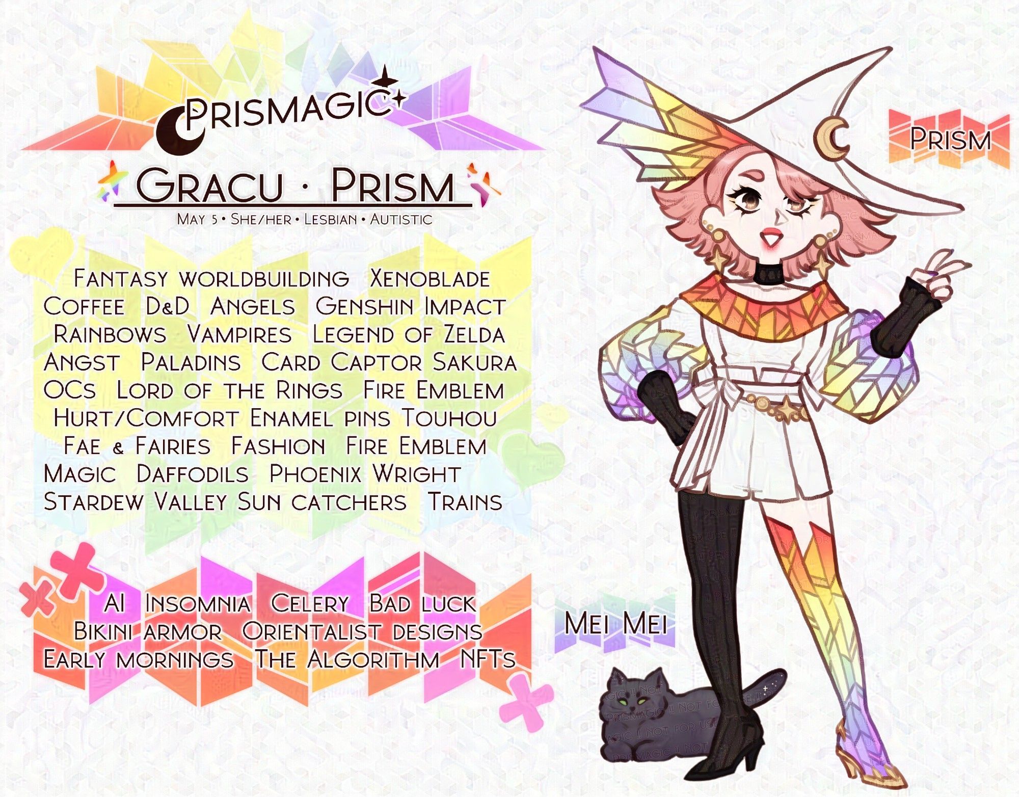 A reference sheet of a witch character with pale skin, short pink hair, and brown eyes. She wears a white outfit with rainbow stained glass style designs on it. On one leg she wears a black stocking. 

A text box reads "Stained glass panels don't have to be exatly to reference. I don't even bother, as long as they look similar enough."
Another points to a diagram of her hat and says "Inside, always jagged edges. Outside, always round edge. (Don't question it, surely it's magic?)"