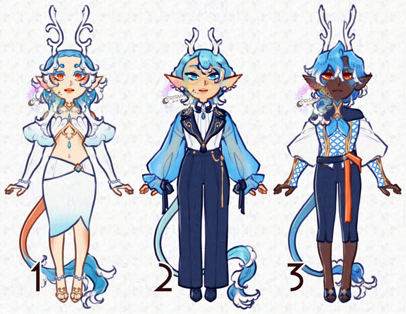 A trio of three adopt designs all themed after water and dragons. They each have white antlers and water for hair.