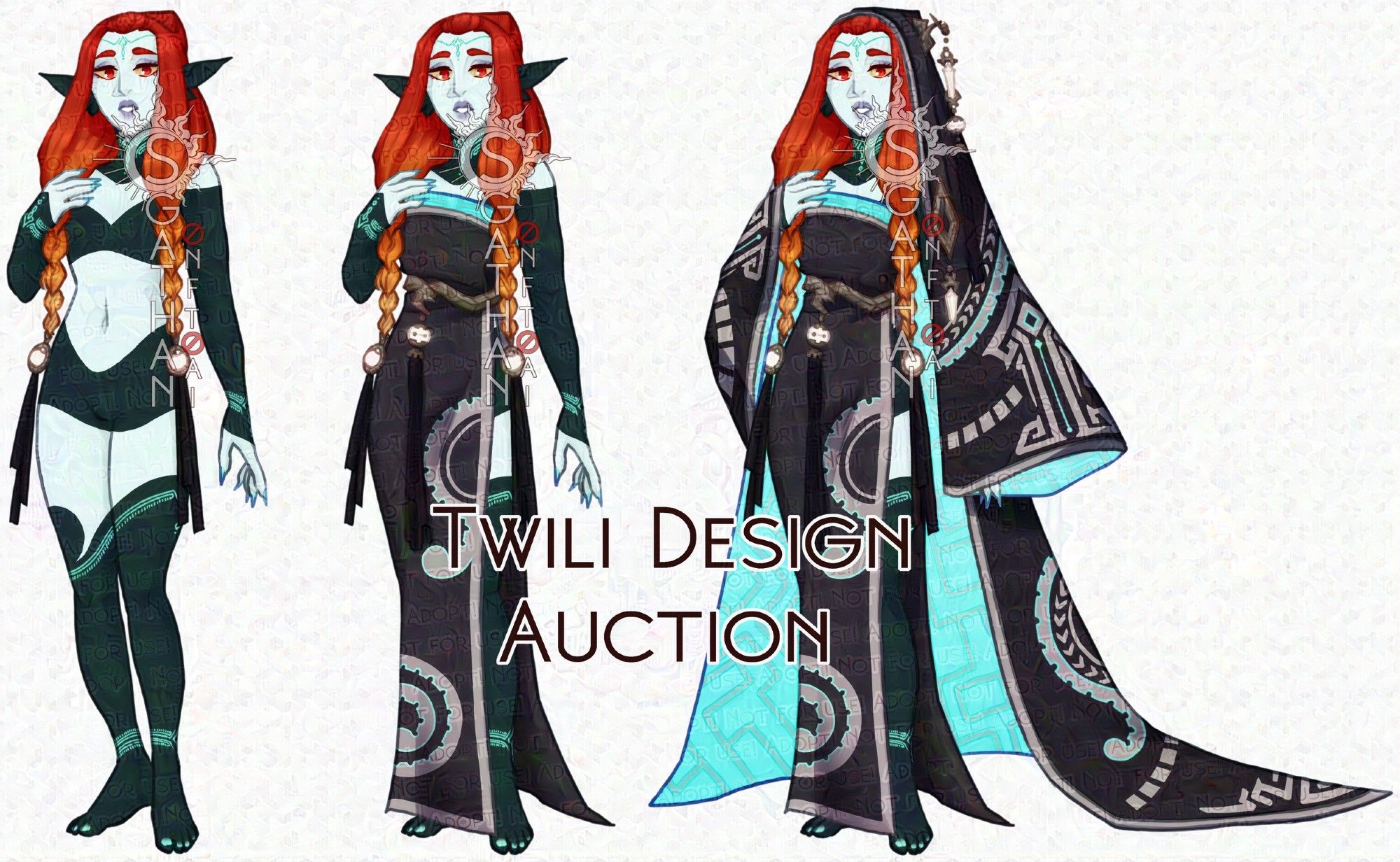 A full body adopt design showing three variations of the same character. The adopt is based off the Twili race from the legend of zelda twilight princess, they are a black and white skinned people with red hair and red eyes. They wear black outfits with neon blue accents and glowing panels.