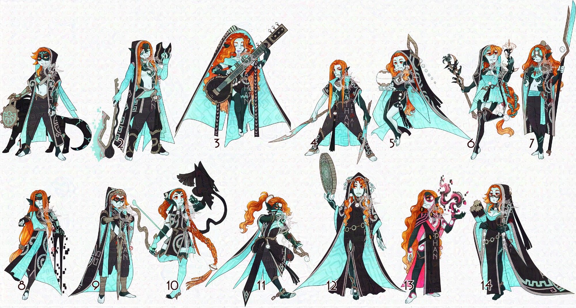 An adopt set featuring 14 adopts based off the 13 D&D classes as well as bloodhunter. The adopts are based off the Twili race from the legend of zelda twilight princess, they are a black and white skinned people with red hair and red eyes. They wear black outfits with neon blue accents and glowing panels.