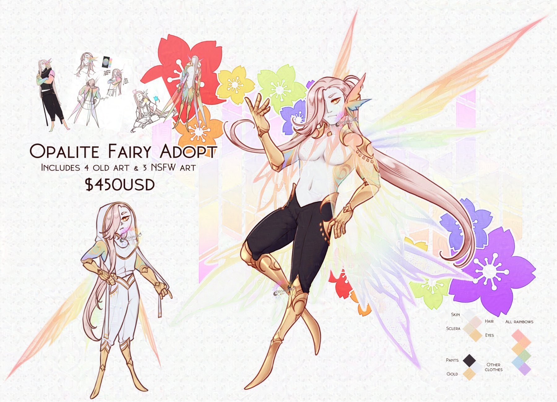 A full body design of a fairy with white and rainbow skin. They have long pink hair and gold arms and legs. The background is a stainend glass pattern with rainbow flowers on it. There is a chibi in the lower left hand corner with an alternate outfit in white and gold.