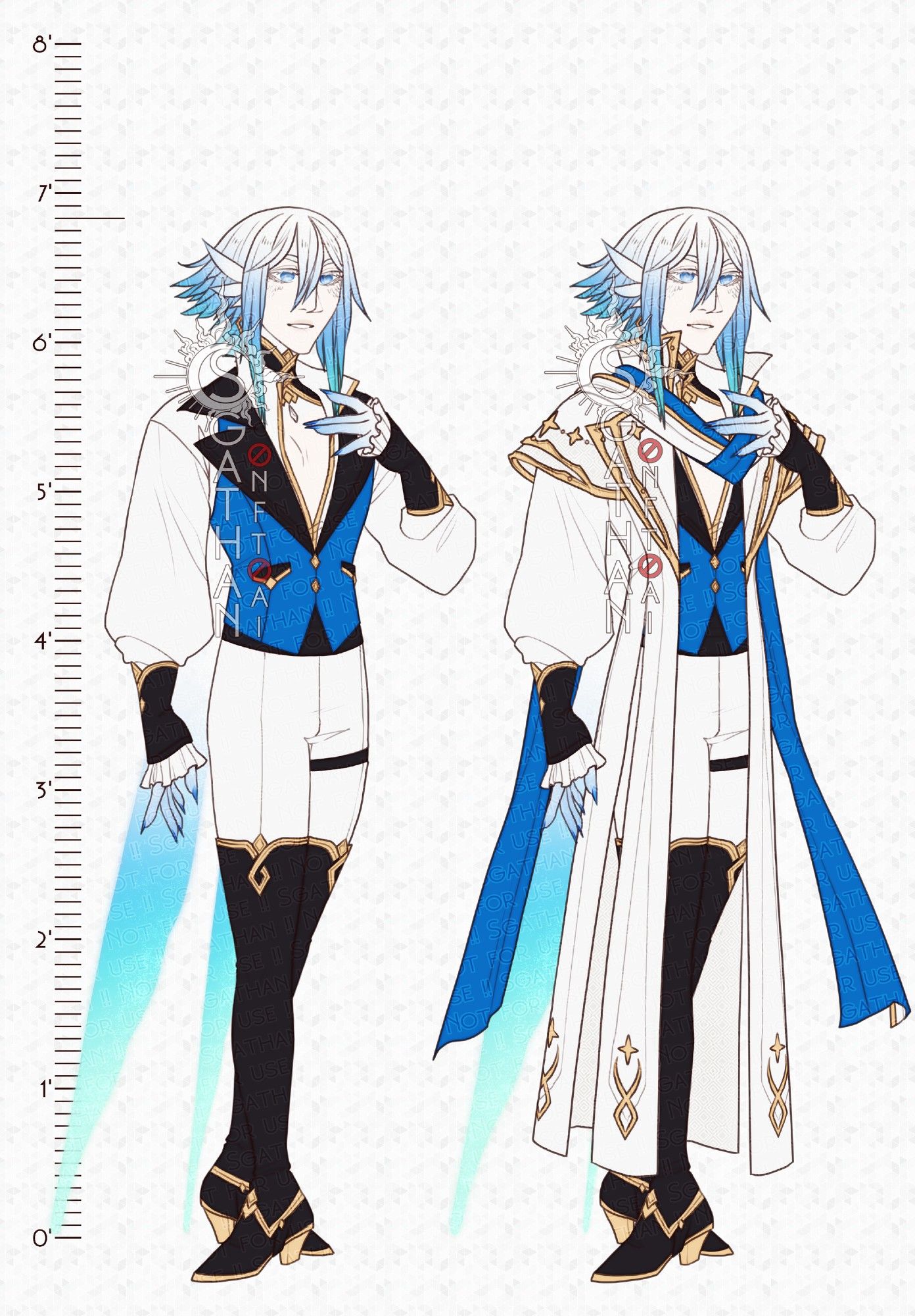 A reference of a white skinned fae with blue and green wings and hair. He wears a white dress shirt and a blue waistcoat over it. On the right he wears a white jacket bearing the mark of the old hunters, as well as a white and blue scarf.