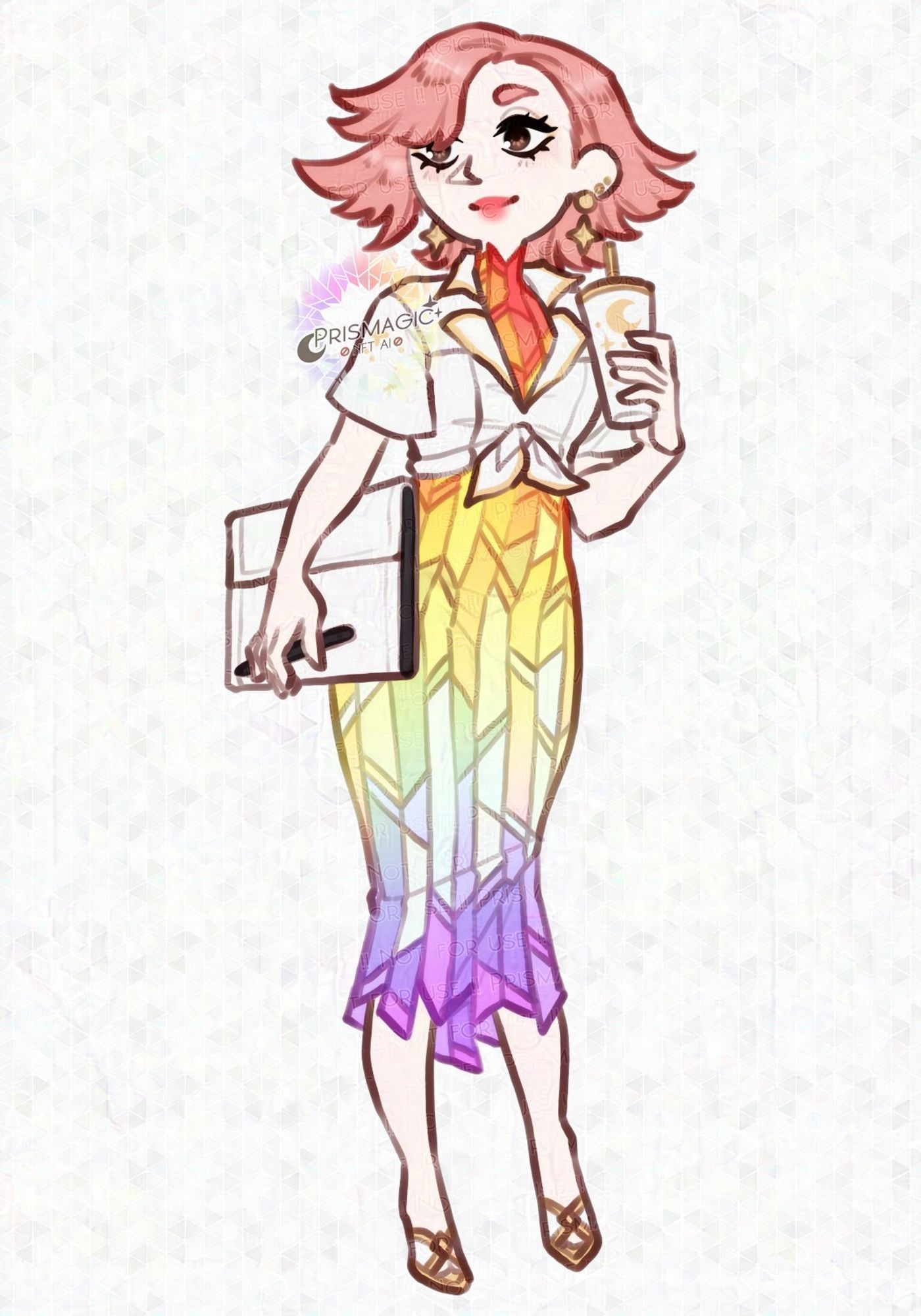 A chibi drawing of a sona with short pink hair and brown eyes. She wears a long bodycon rainbow dress and a button up shirt tied over her midriff. She carries a drawing tablet and a little coffee drink