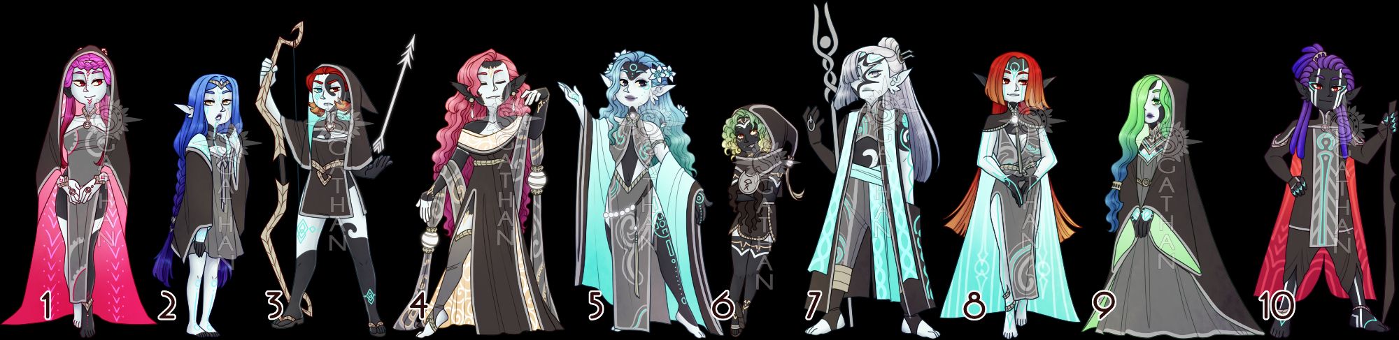 An adopt set featuring 10 Twili adopts of various colours and themes. The adopts are based off the Twili race from the legend of zelda twilight princess, they are a black and white skinned people. They wear black outfits with neon accents and glowing panels.