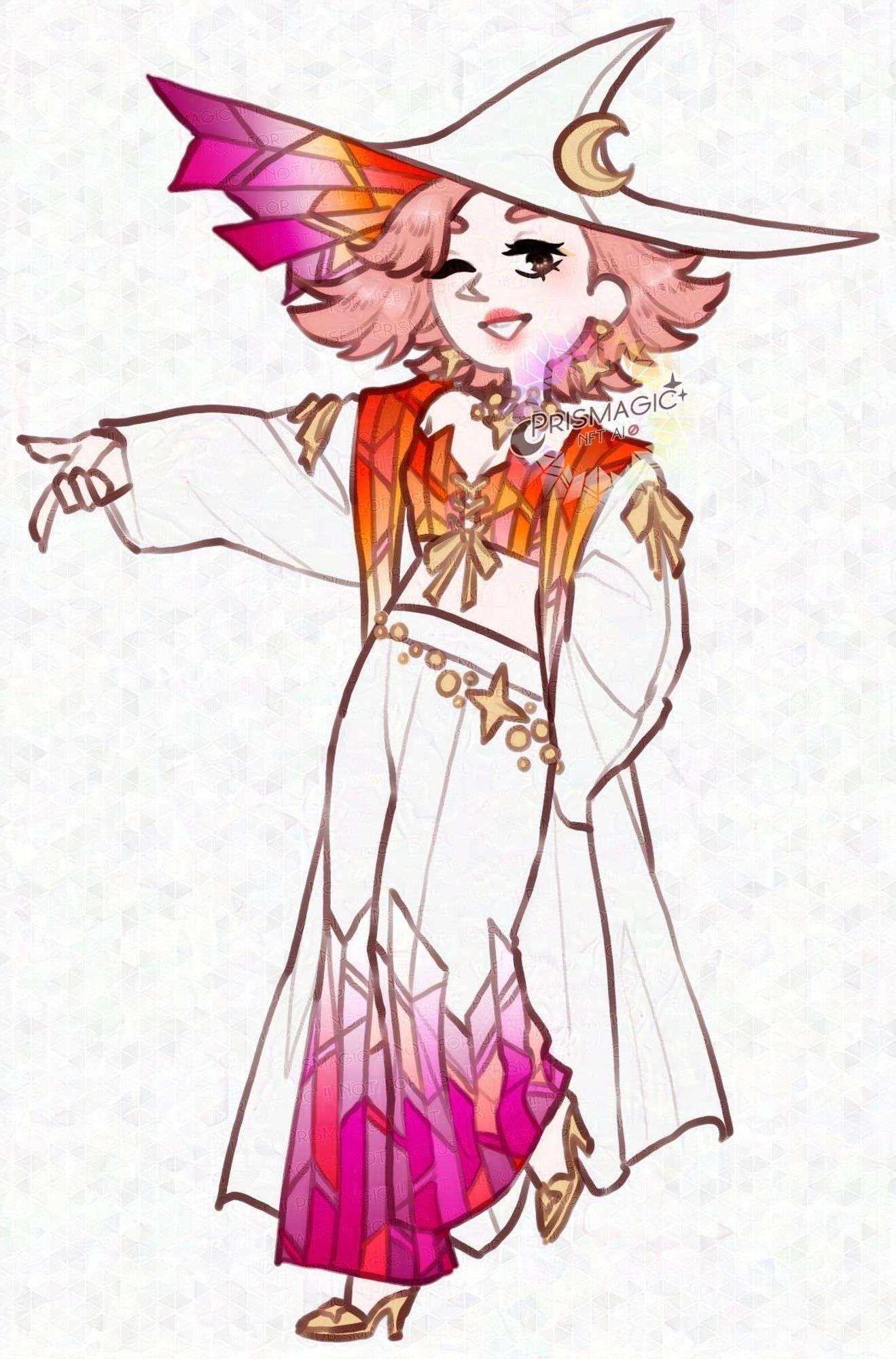 A chibi drawing of a witch. She has brown eyes and pink hair. She wears a white outfit with stained glass patterns on the inside in the colours of the lesbian flag.