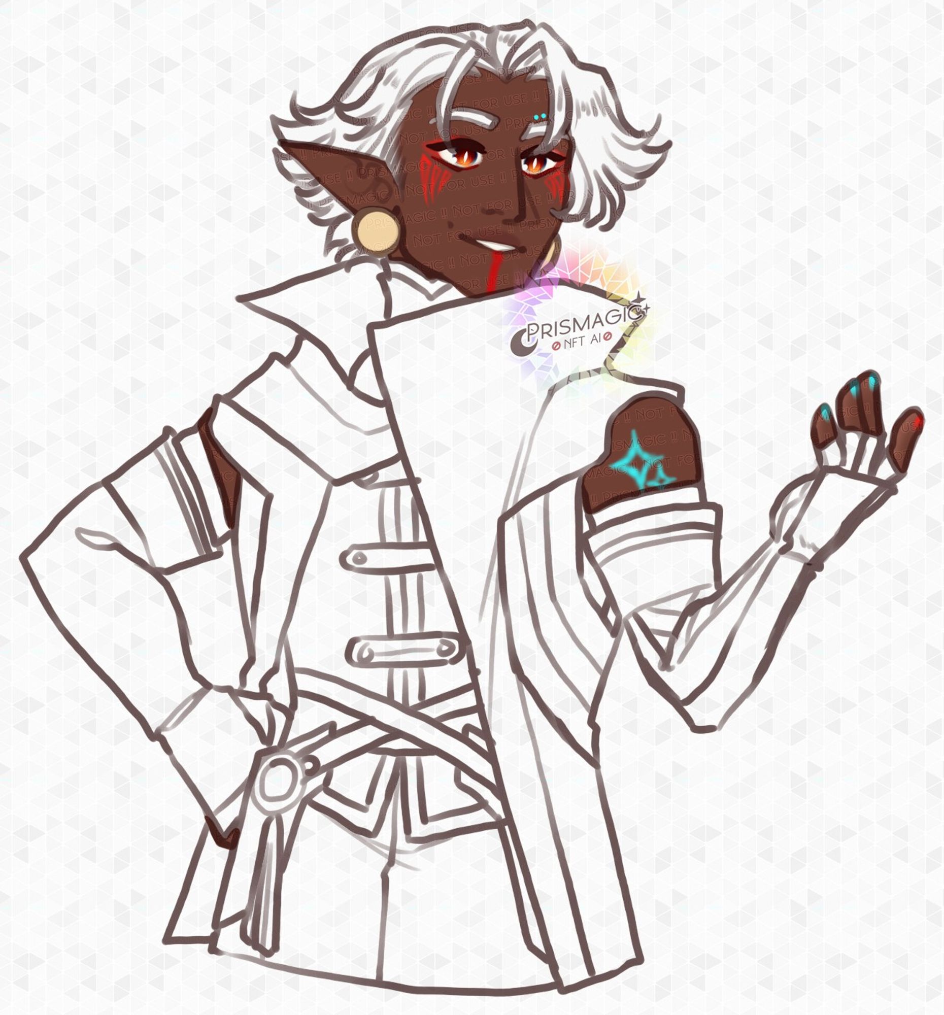 A half body sketch of a dark skinned Elf with short fluffy white hair and red eyes with white slitted pupils. He has neon blue and red tattoos on his face and arm. He wears an oversized sleeveless jacket and long gloves.