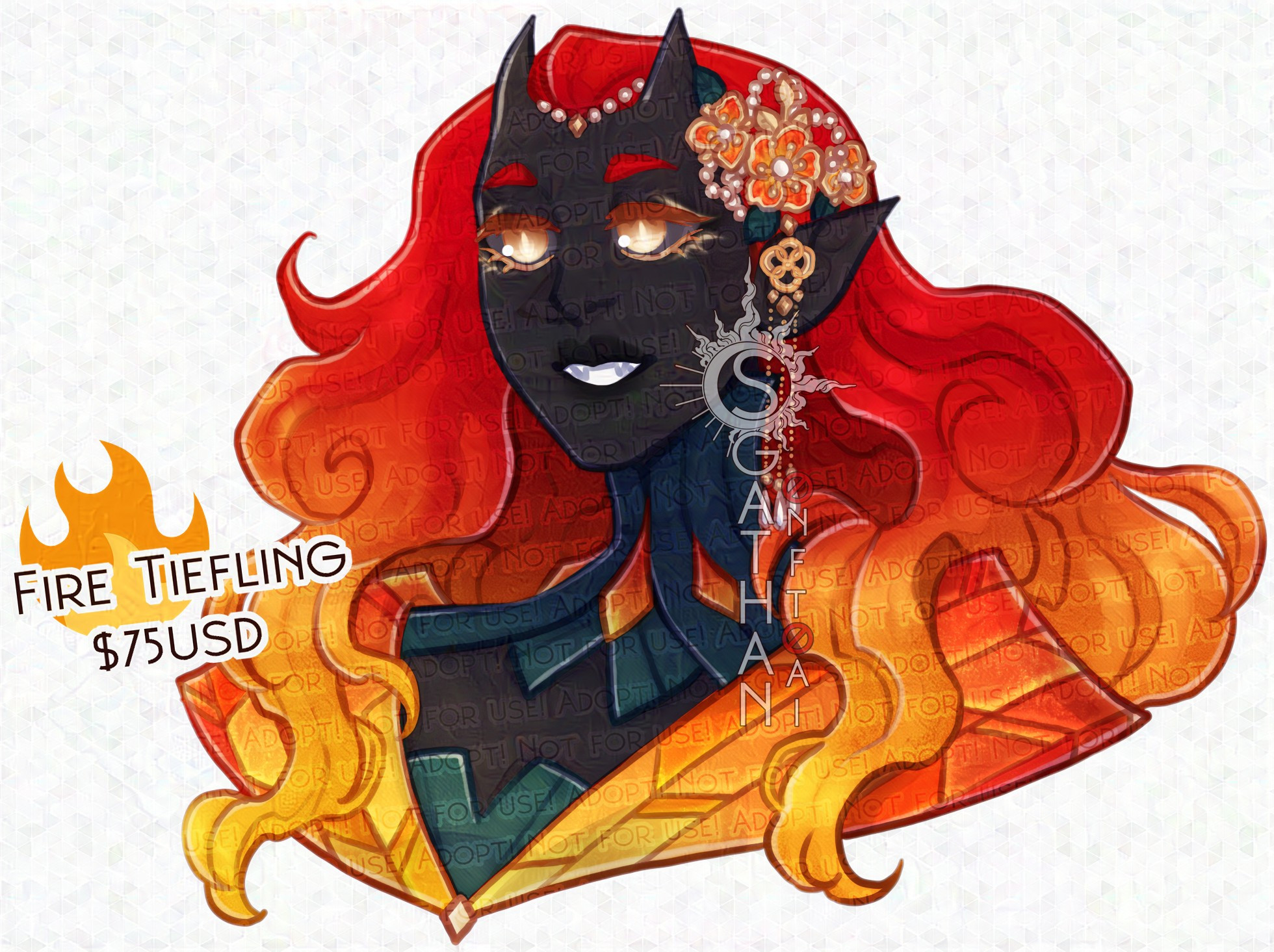 A bust of a black skinned tiefling design with red, orange, and yellow hair.