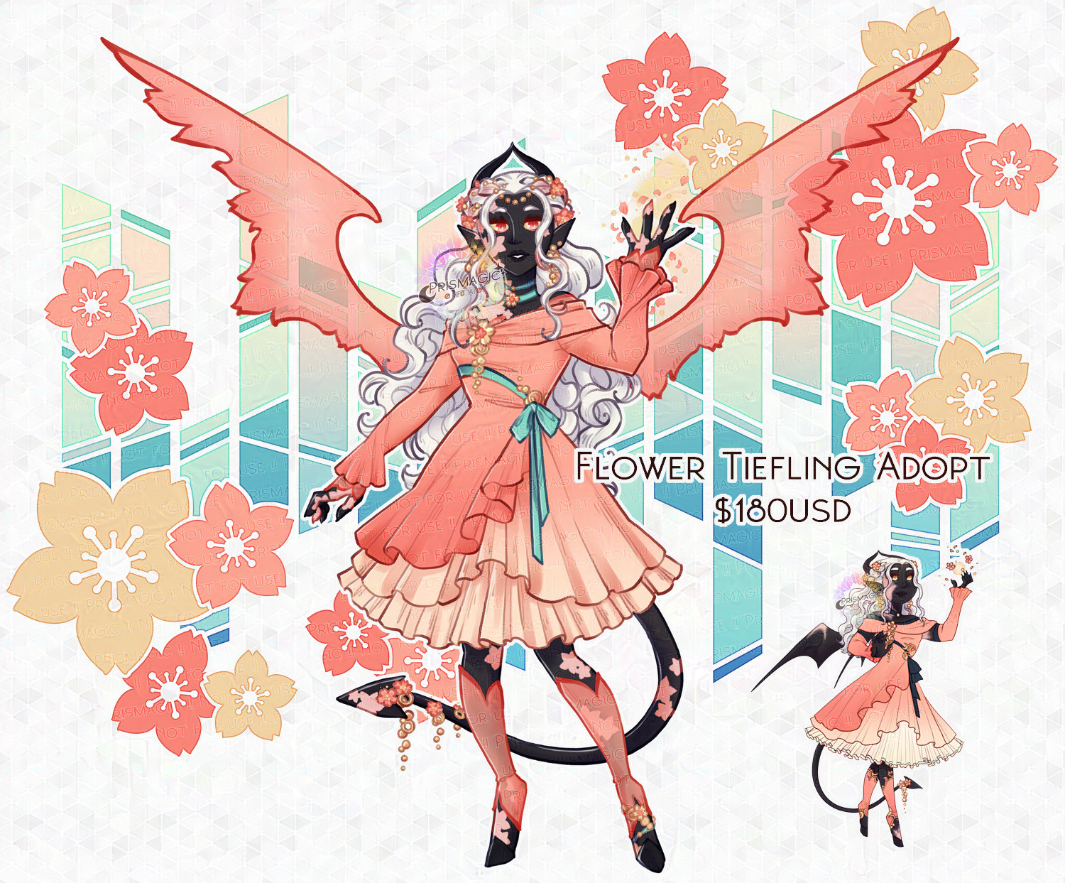A digital drawing of a black skinned tiefling with pink, flower shaped vitilgo patches on their skin. They have long white hair braided with flowers in their hair. They wear a pink and teal dress and have pink flower petal wings.