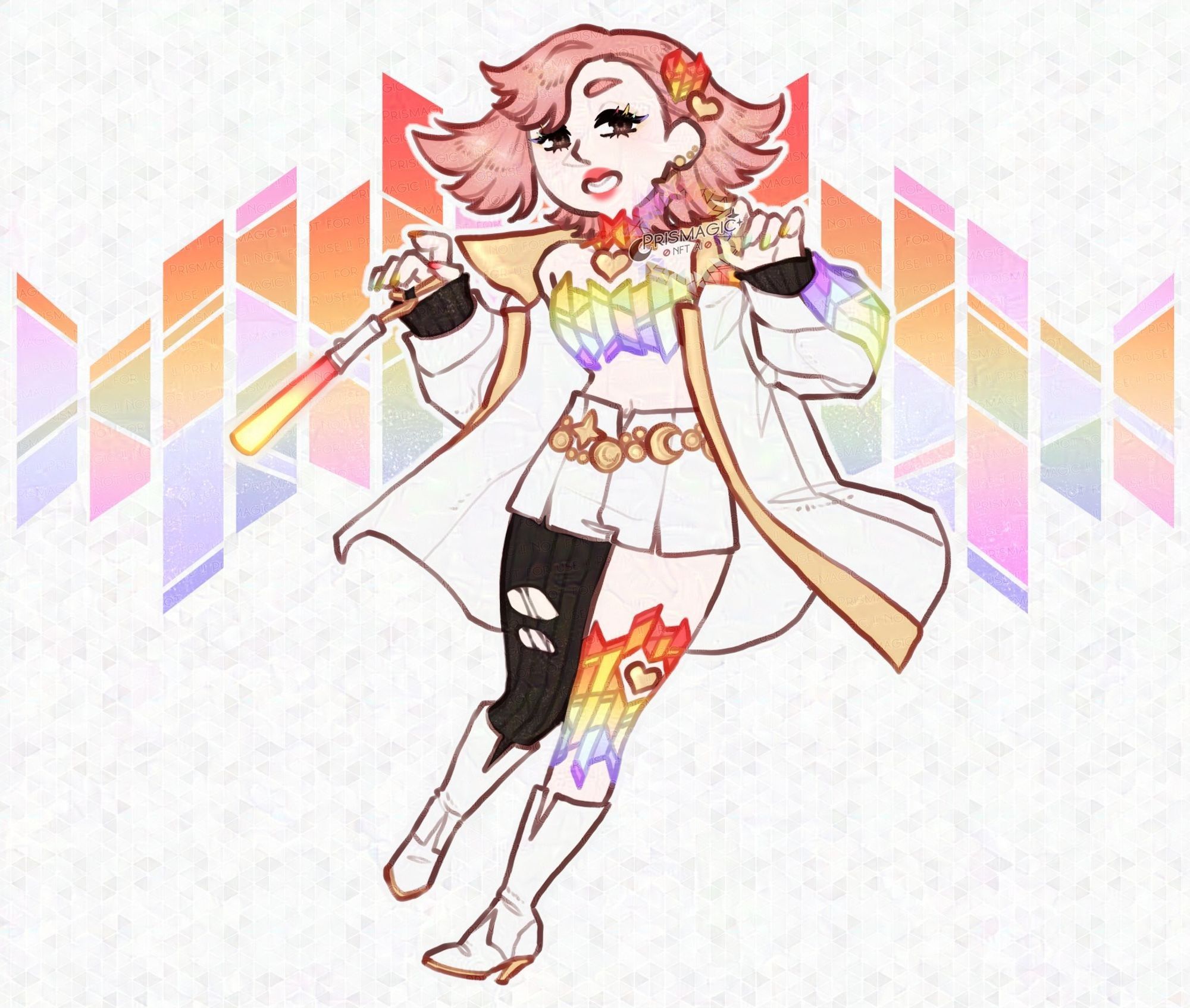 A chibi drawing of a pale skinned, pink haired, brown eyed persona wearing eurobeat-rave inspired clothing with rainbow stained glass panels on her top and leg. She holds her hands up as if making little claws, and has a light stick strapped to one wrist.