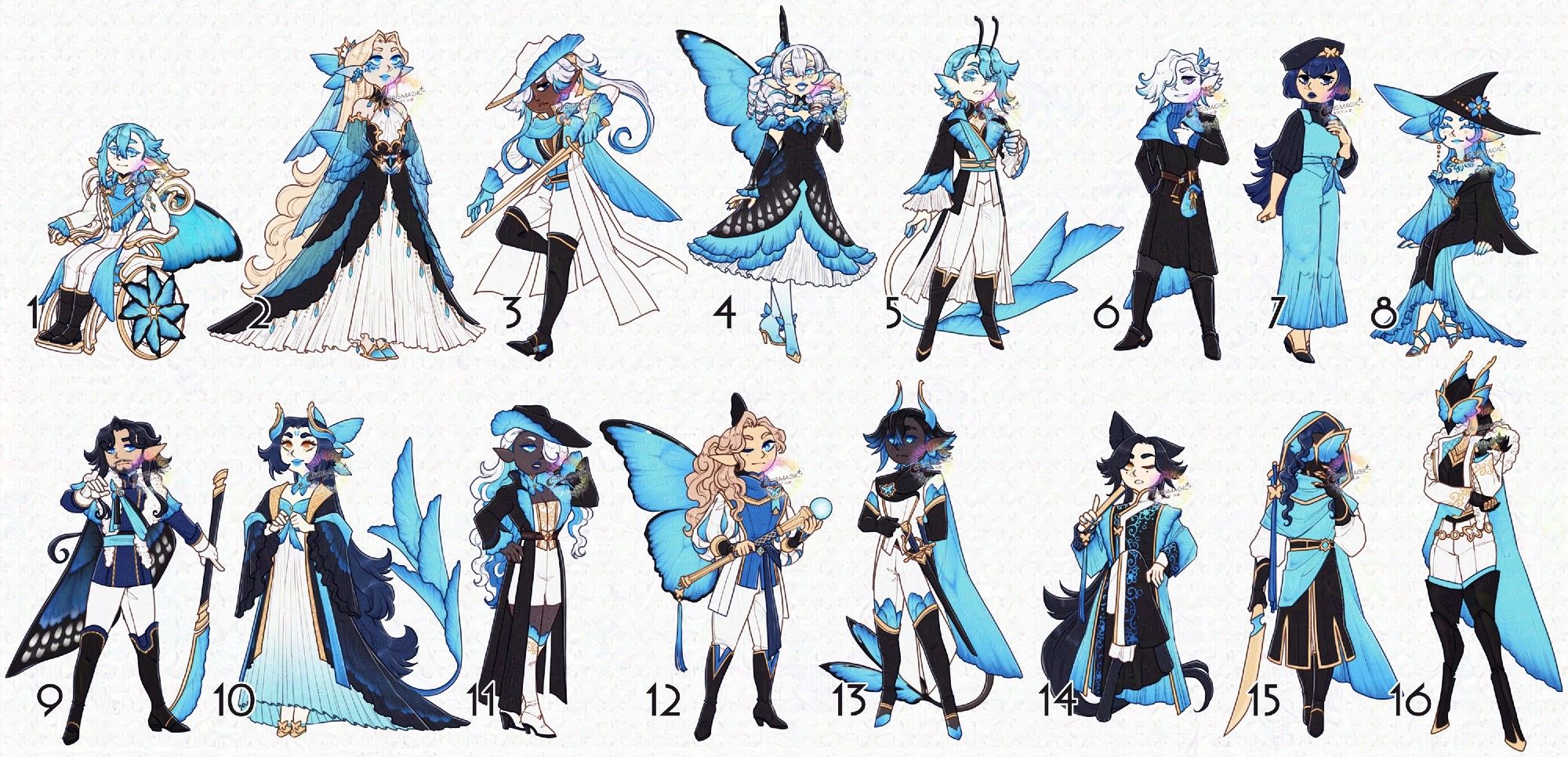 A set of 16 adopts based off the blue morpho butterfly. Each is dressed in a blue, black, white, and gold outfit. They're all various fantasy races including elves, fairies, and tieflings.