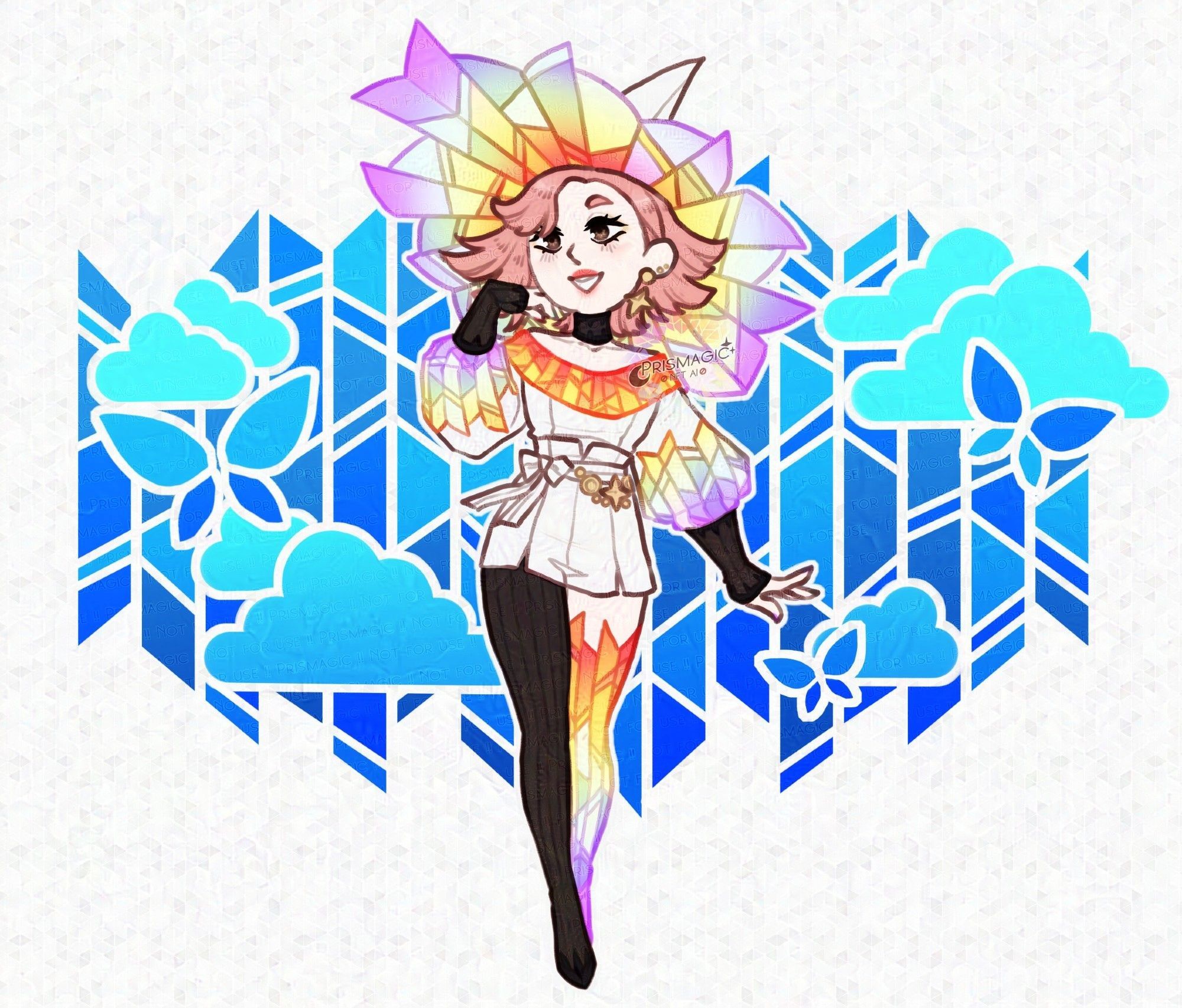 A chibi drawing of a pale skinned witch with brown eyes and pink hair. She wears a white and black outfit with stained glass accents on the sleeves, the underside of her witch hat, and one of her stockings. The background is a stained glass pattern with clouds and butterflies in blue.