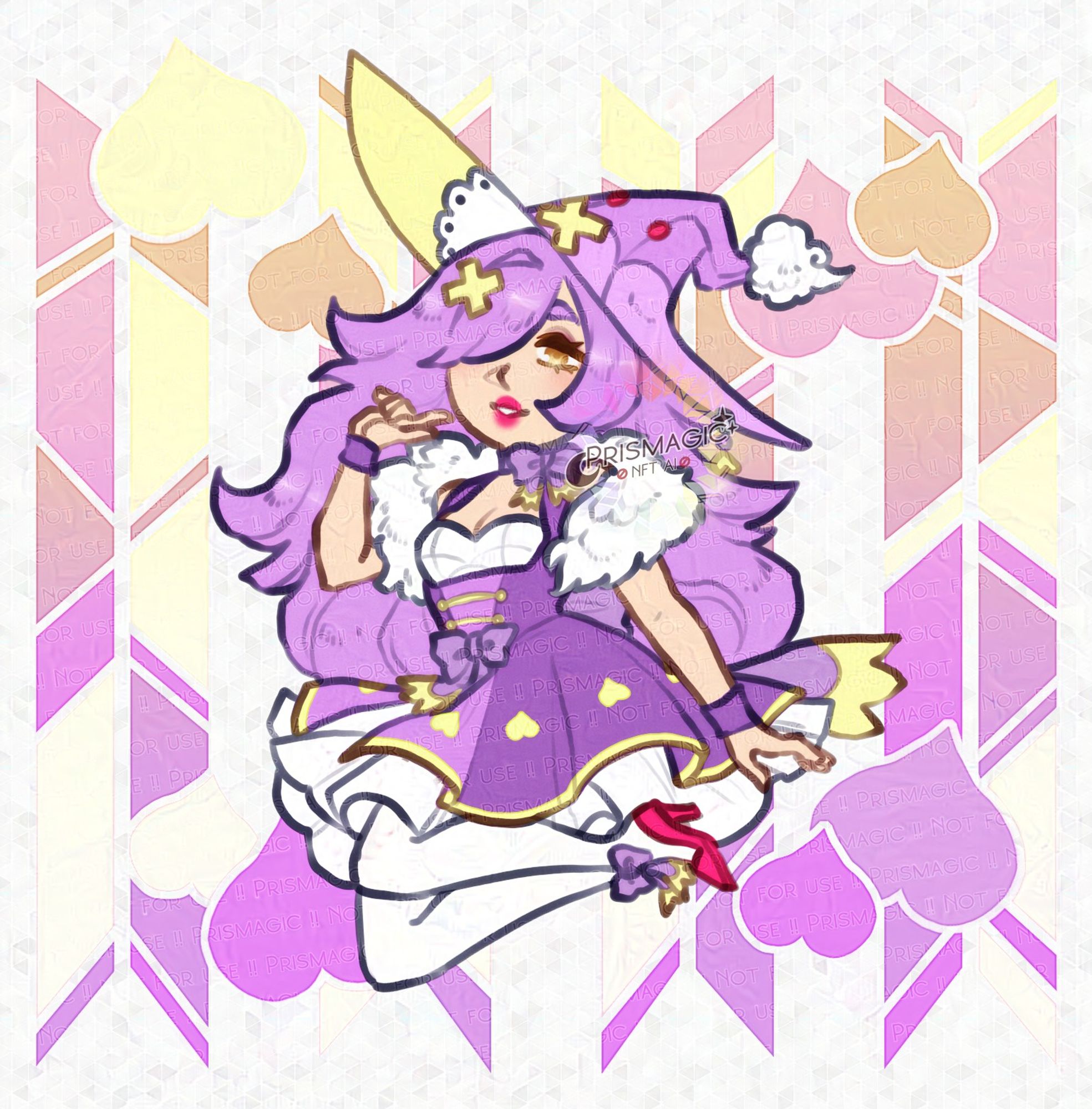 A full body chibi drawing of a drifloon gijinka. They wear a witch hat, a frilly dress, and a pair of red heels. The background is a stained glass motif with upside down purple and yellow hearts.