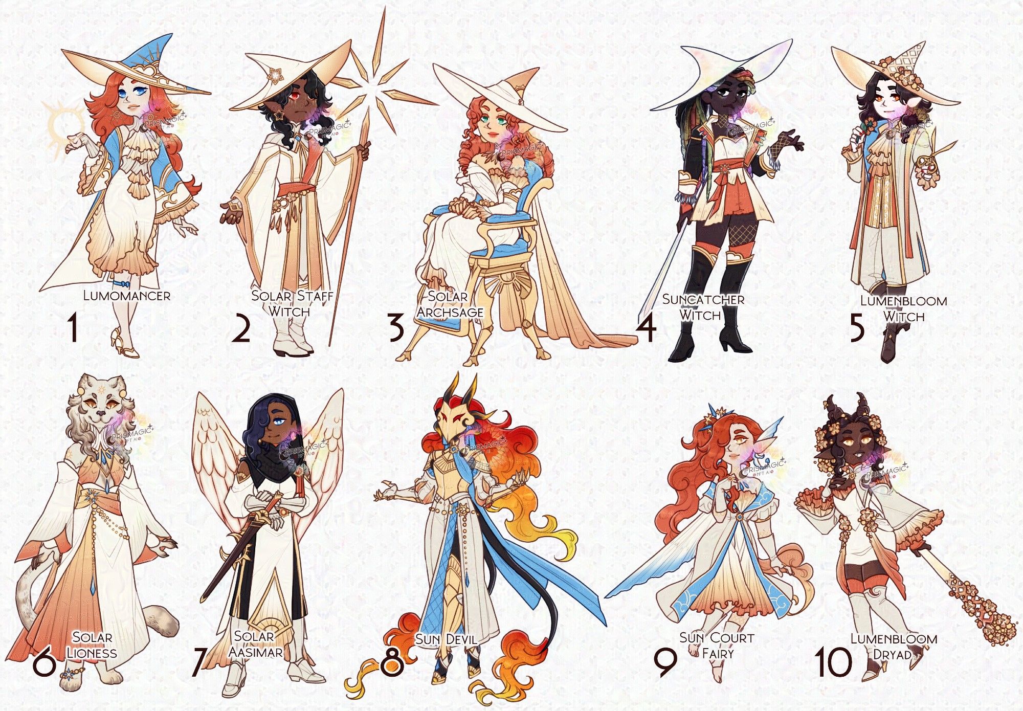 A set of ten witchtober adopts designed after the theme "solar". The first five all wear witch hats and are adorned in white and gold with different sun shaped accessories. The second five are all different fantasy creatures, like a lion tabaxi, a sun themed aasimar, a sun themed tiefling, a sun court fairy, and a lumenbloom themed dryad.