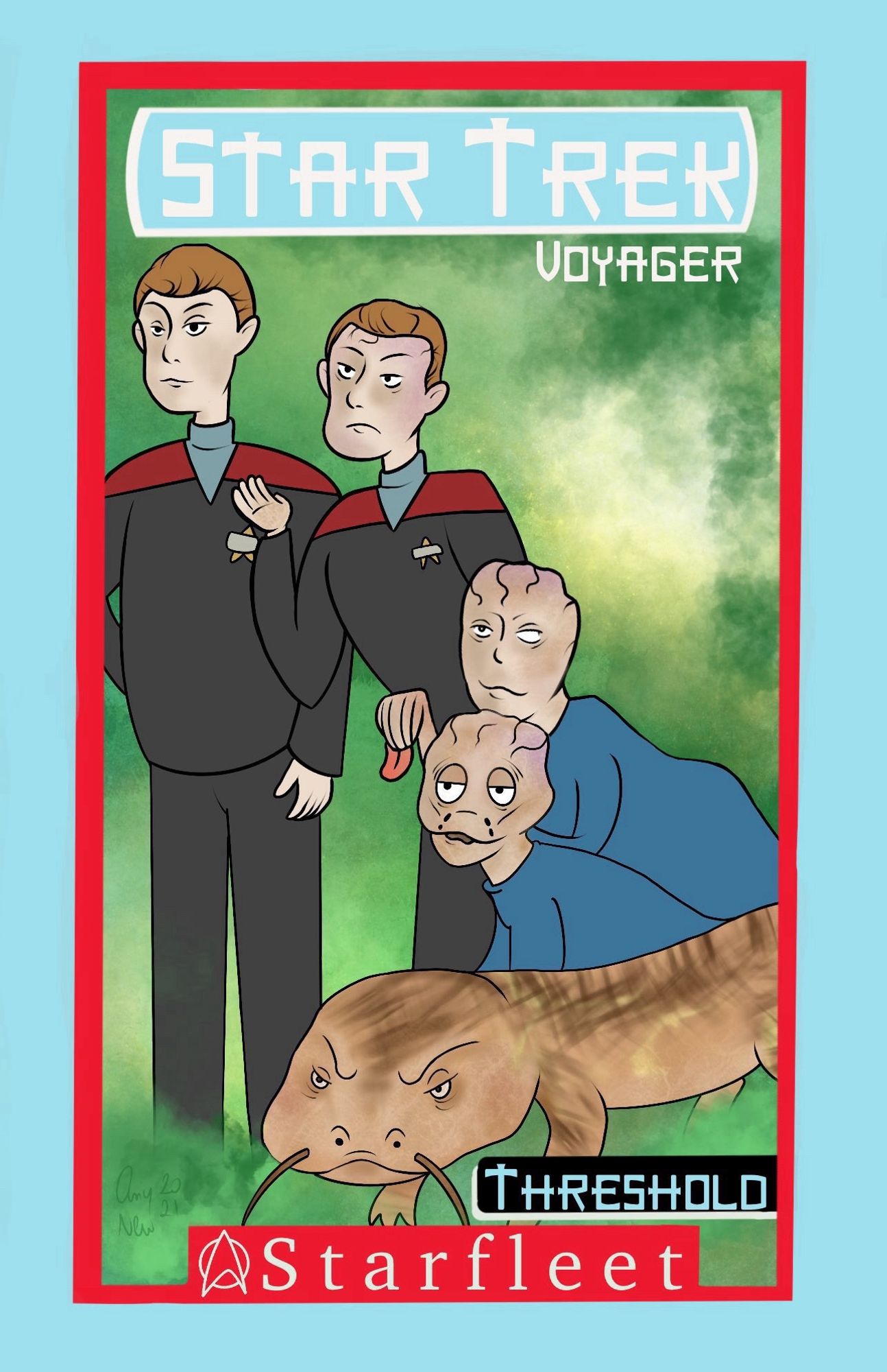 A fake Animorphs book cover of Tom Paris from Star Trek Voyage turning into a lizard.