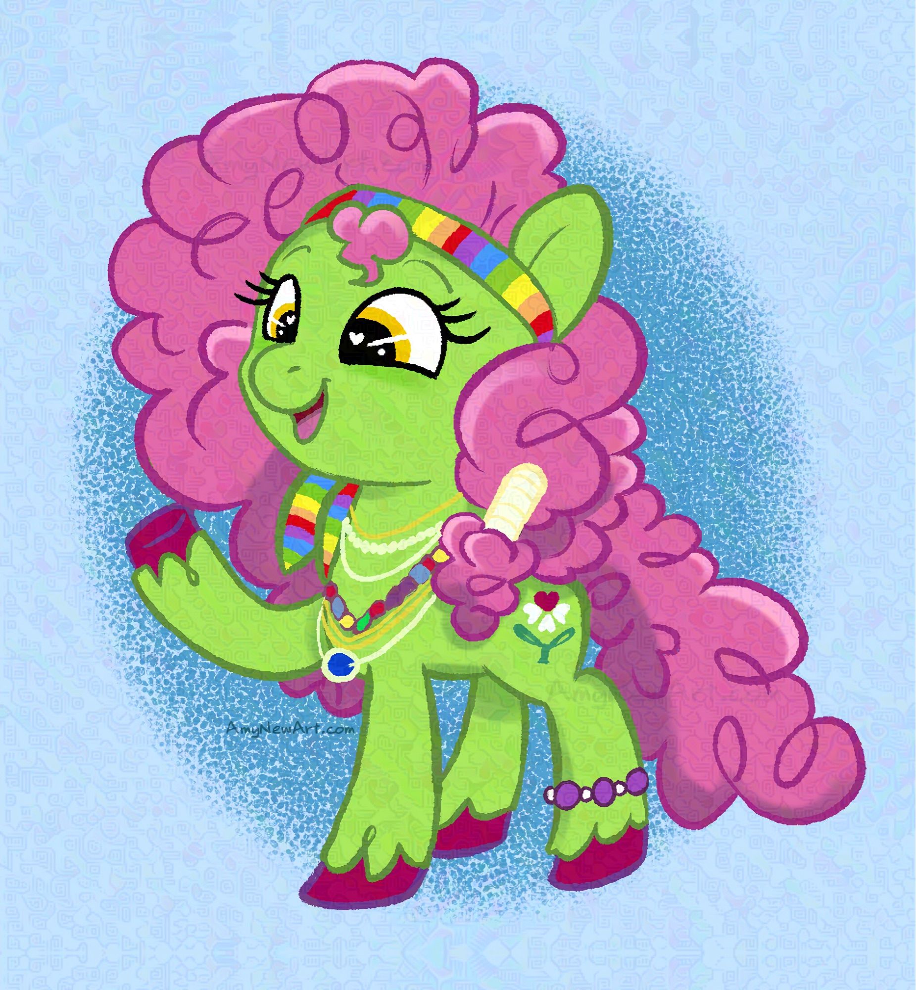 Green pony with pink fluffy hair rainbow bandanna lots of necklaces and a flower cutie mark with a blue background. Art by Amy New.