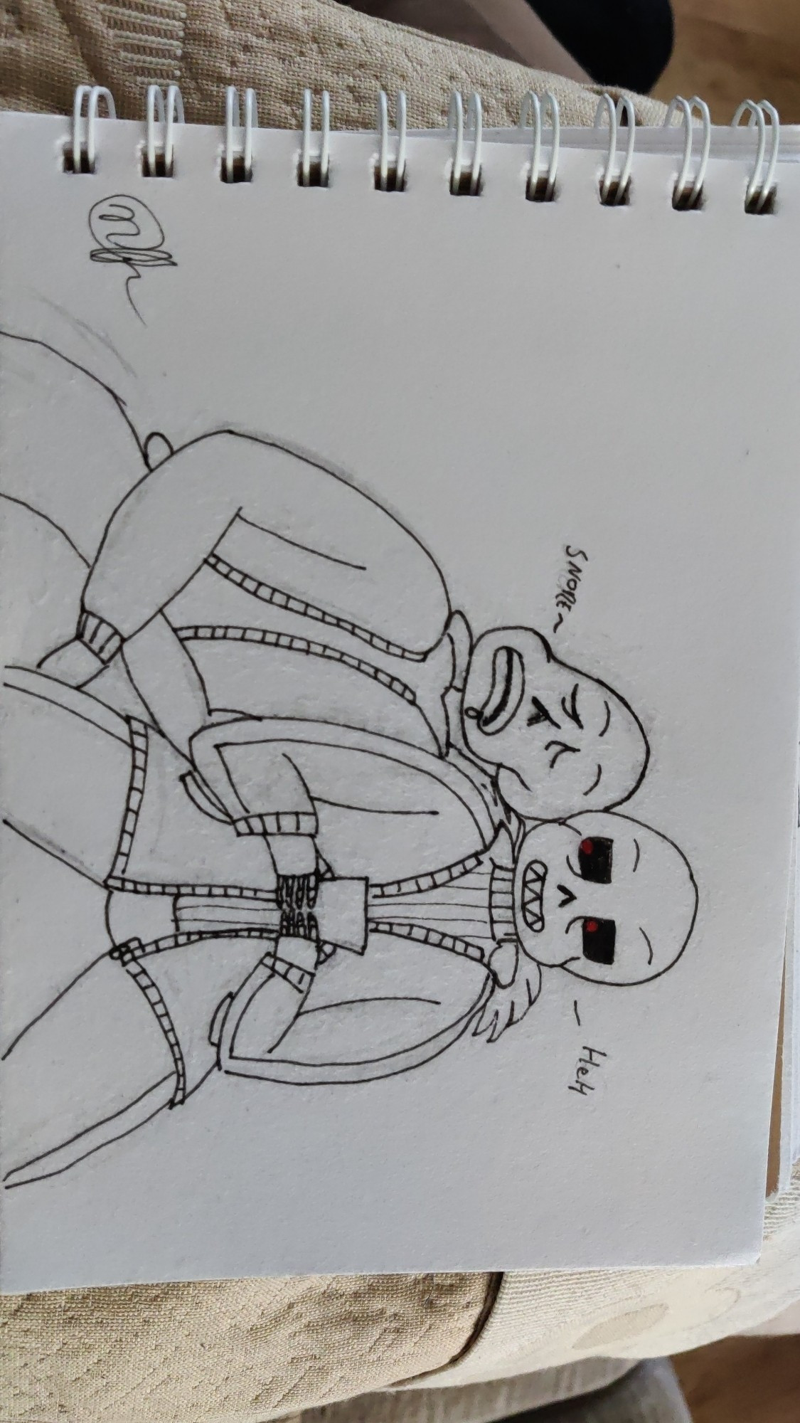 Line art of sans falling asleep on red