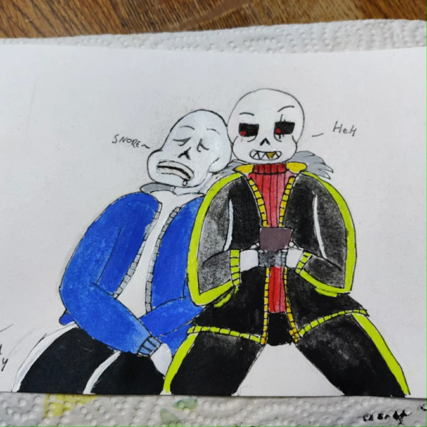 Drawing of sans having fallen asleep on Red. Coloured using paint
Text in image
Next to Sans says: snore
Next to Red is him saying 'Heh'